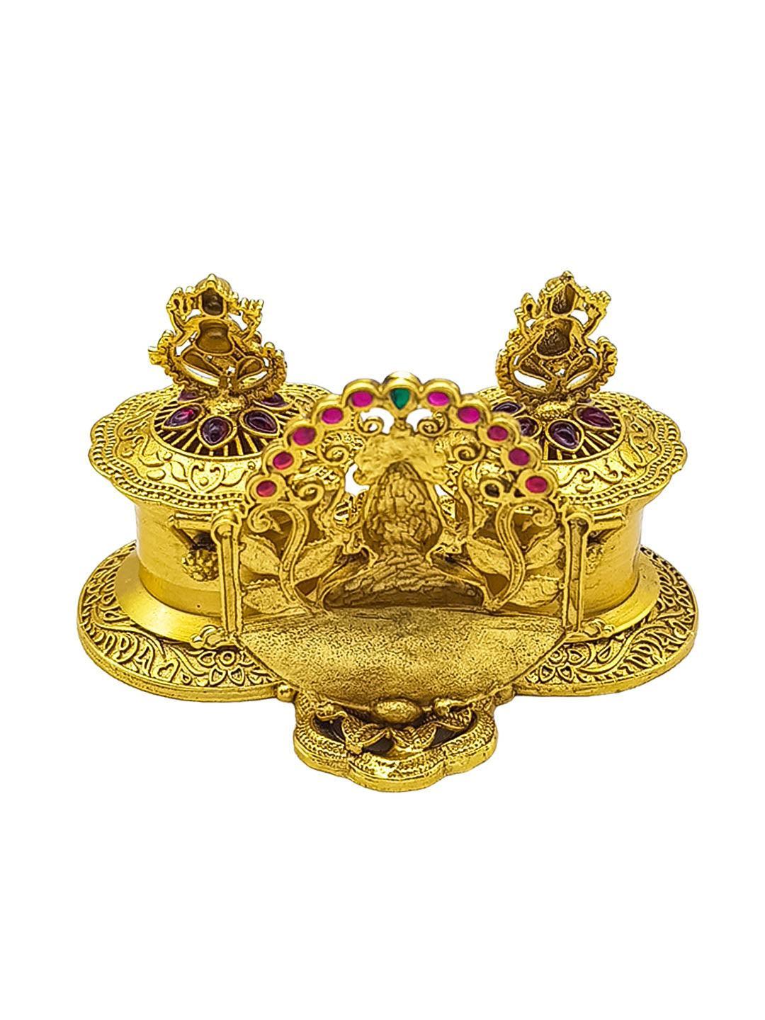 22k Gold Plated fully engraved Kumkum box with Laxmi Ganesh - Griiham