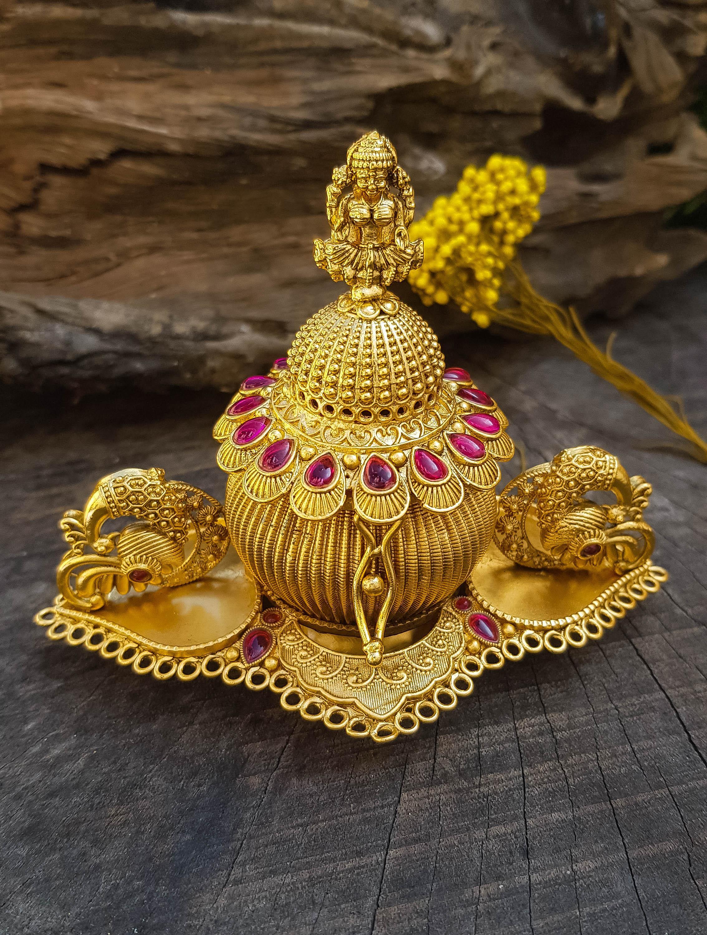 22k Gold Plated fully engraved Laxmi Kumkum box 11372N