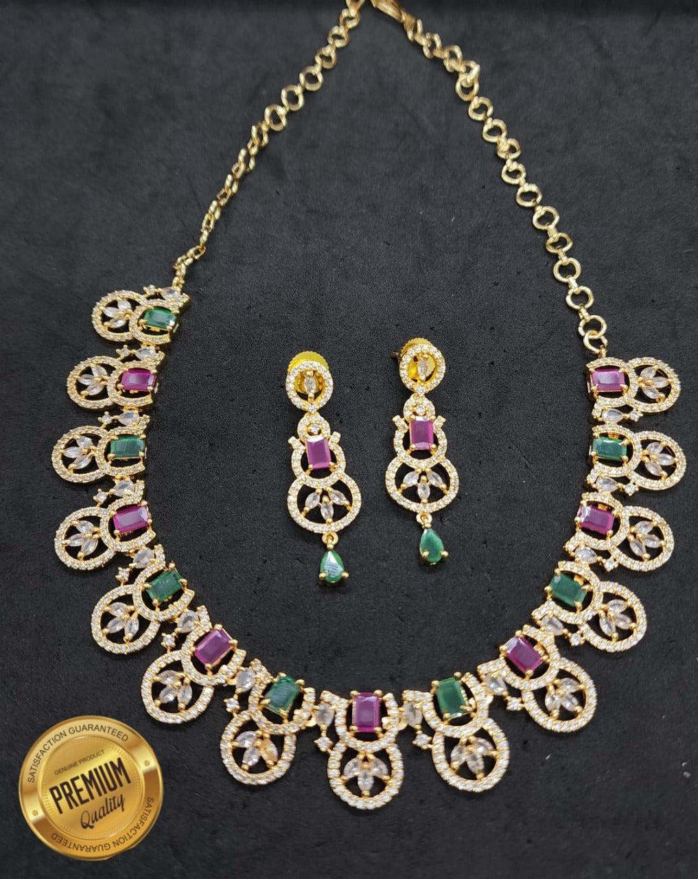 23.5kt Guaranteed Gold finish Evergreen Trending designs Short AD necklace set 9083n-Necklace Set-Kanakam-Griiham