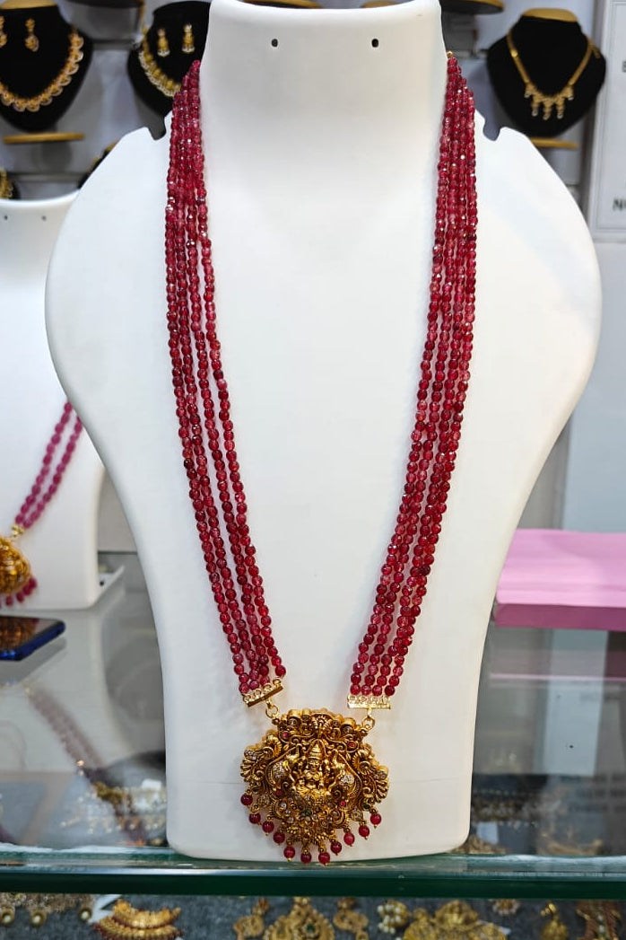 4 Line Crystal onyx batti mala Necklace Set with Laxmi Pendat