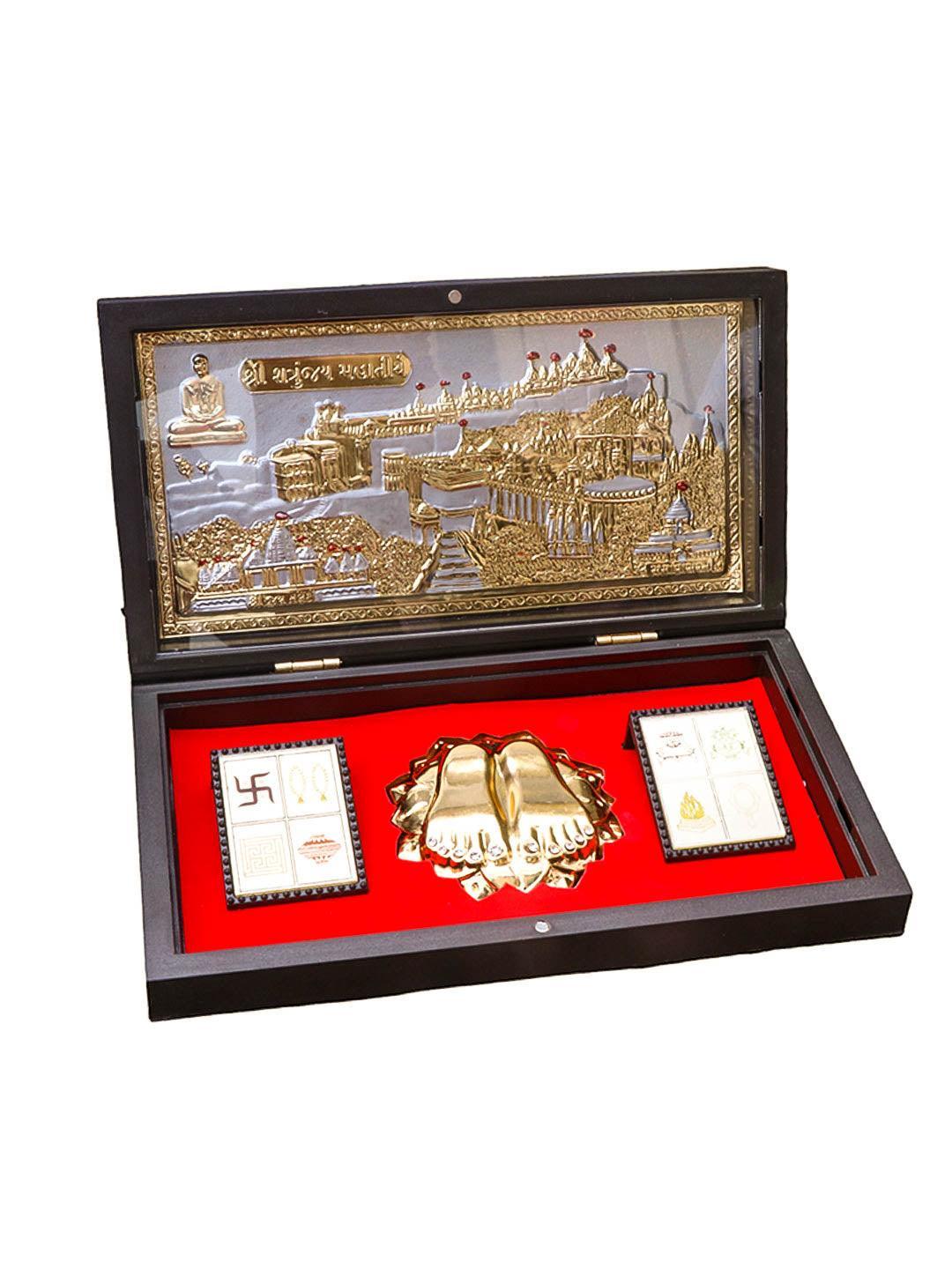 24K Gold Plated Mahavir Charan Paduka Frame with Shatrunjay Tirth in Acrylic Wooden Best box best for gifting - Griiham