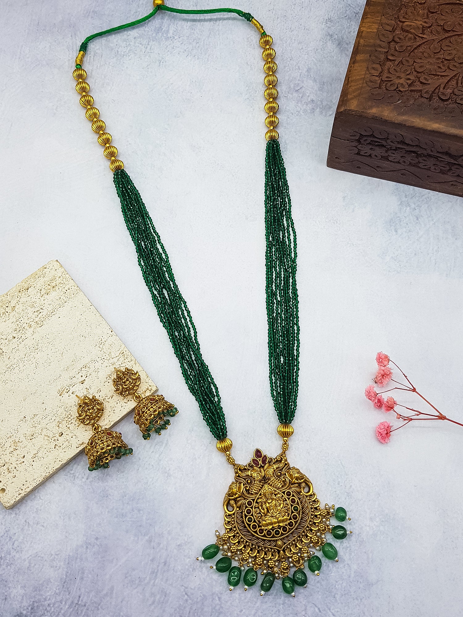 Gold Plated premium Necklace Set with green crystal Maala