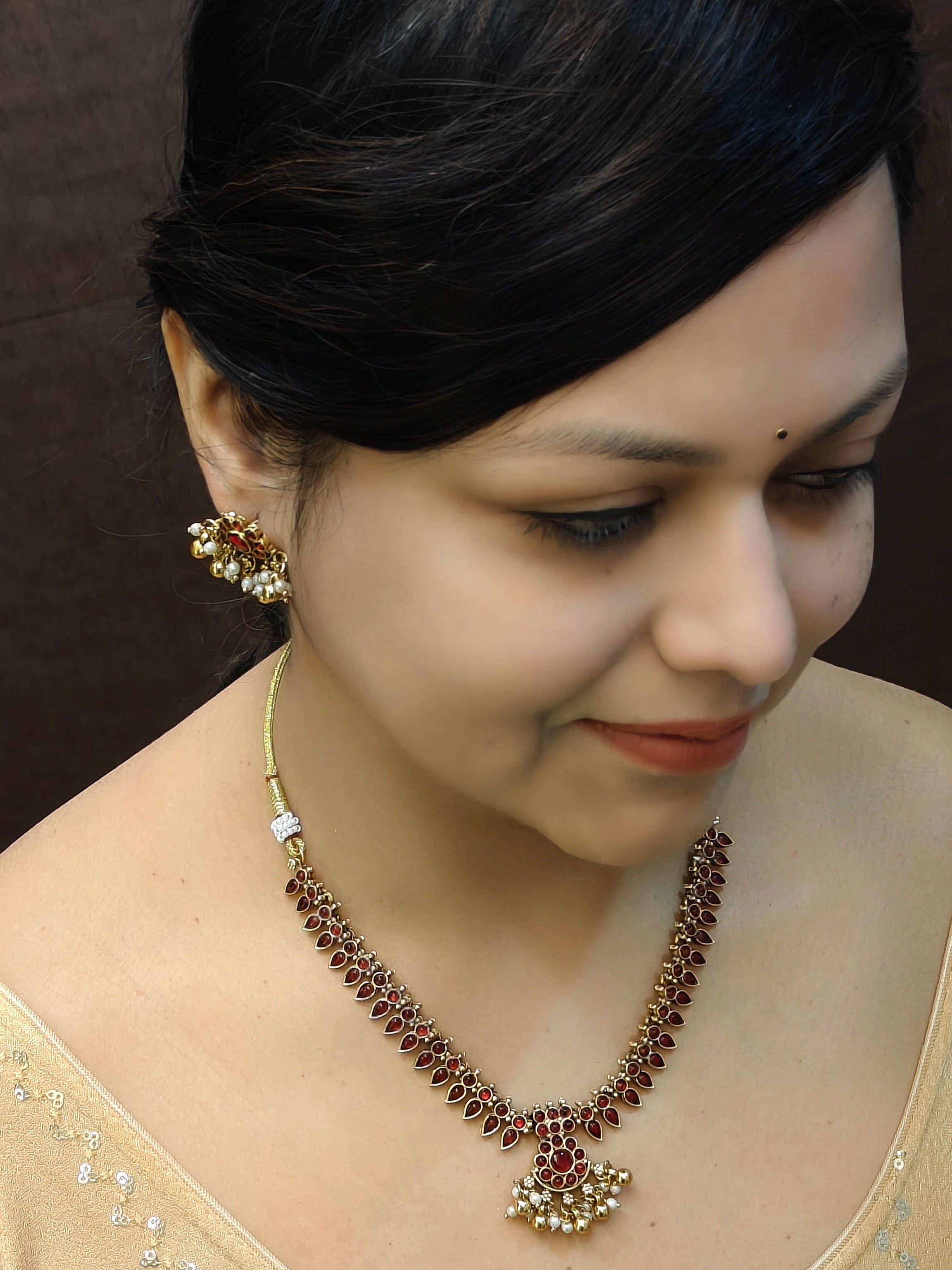 Premium Gold Plated Ruby Color short necklace Set