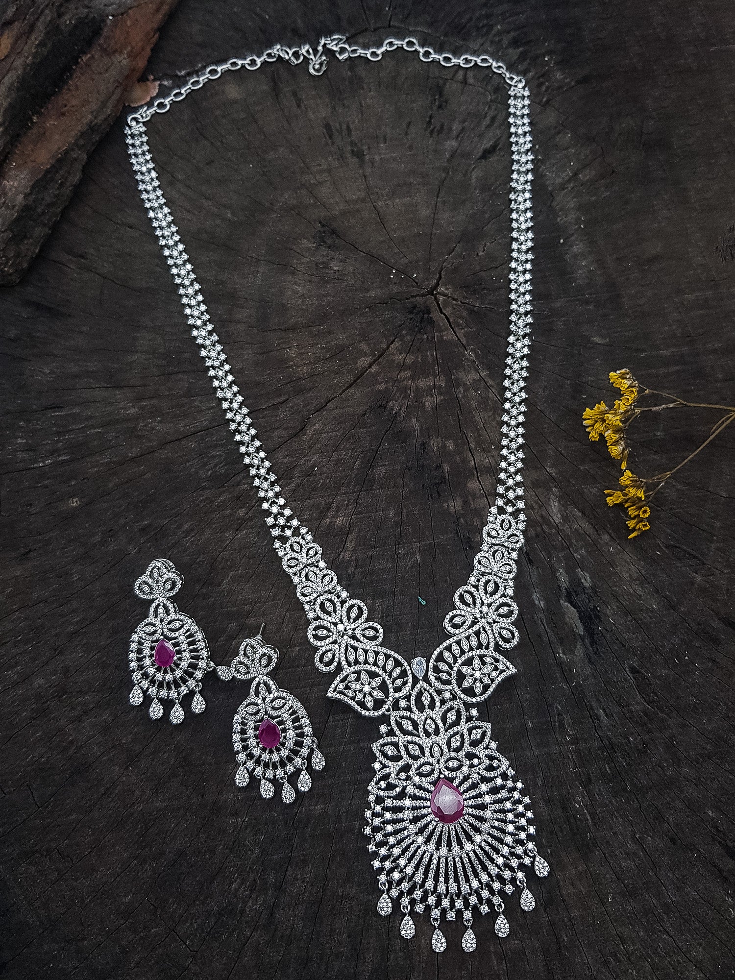 Premium White gold / Silver plated CZ White Long Necklace Set  0825