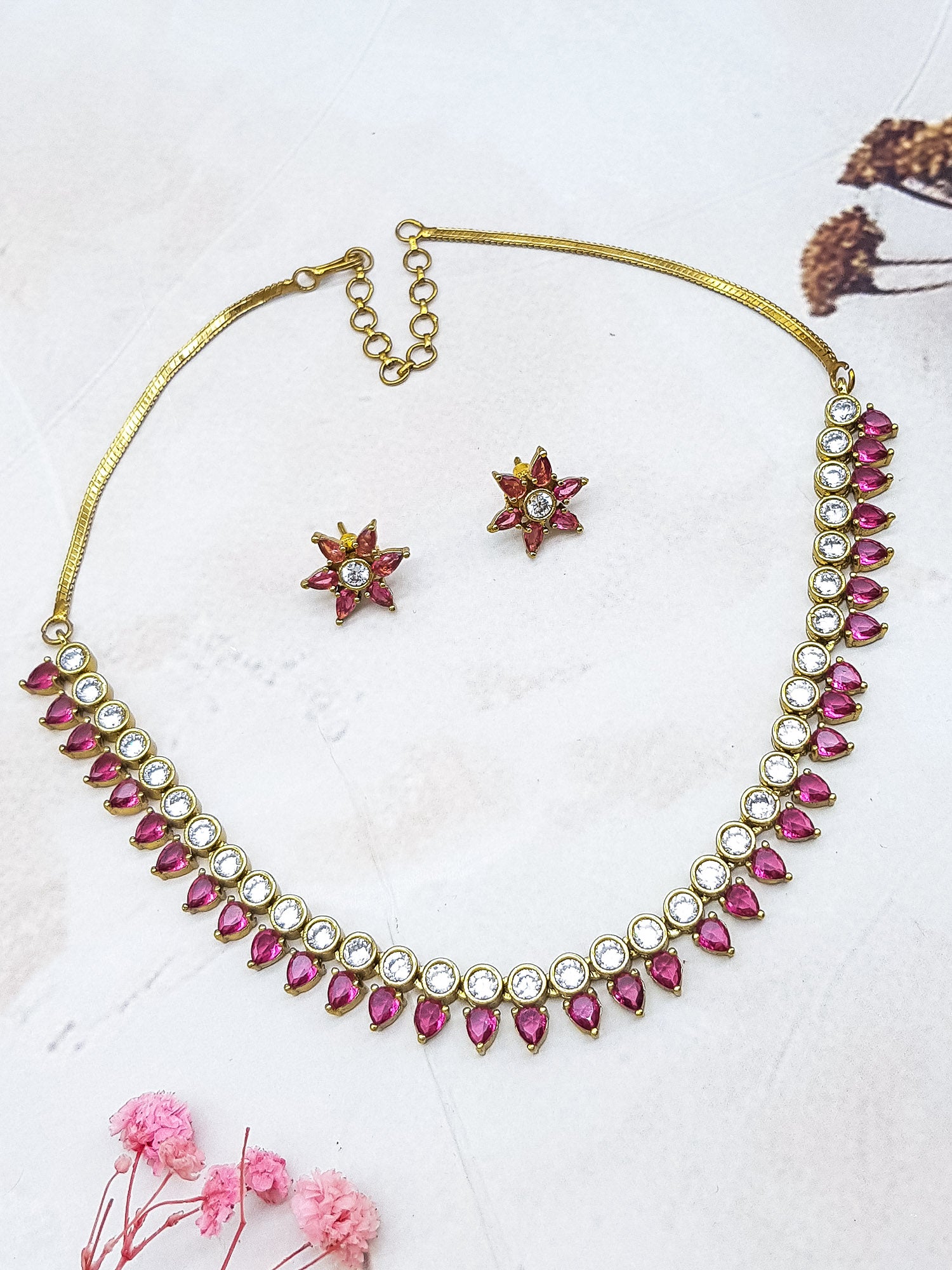 Premium Victorian Ruby Red /Emerald Green CZ Necklace Set  0825