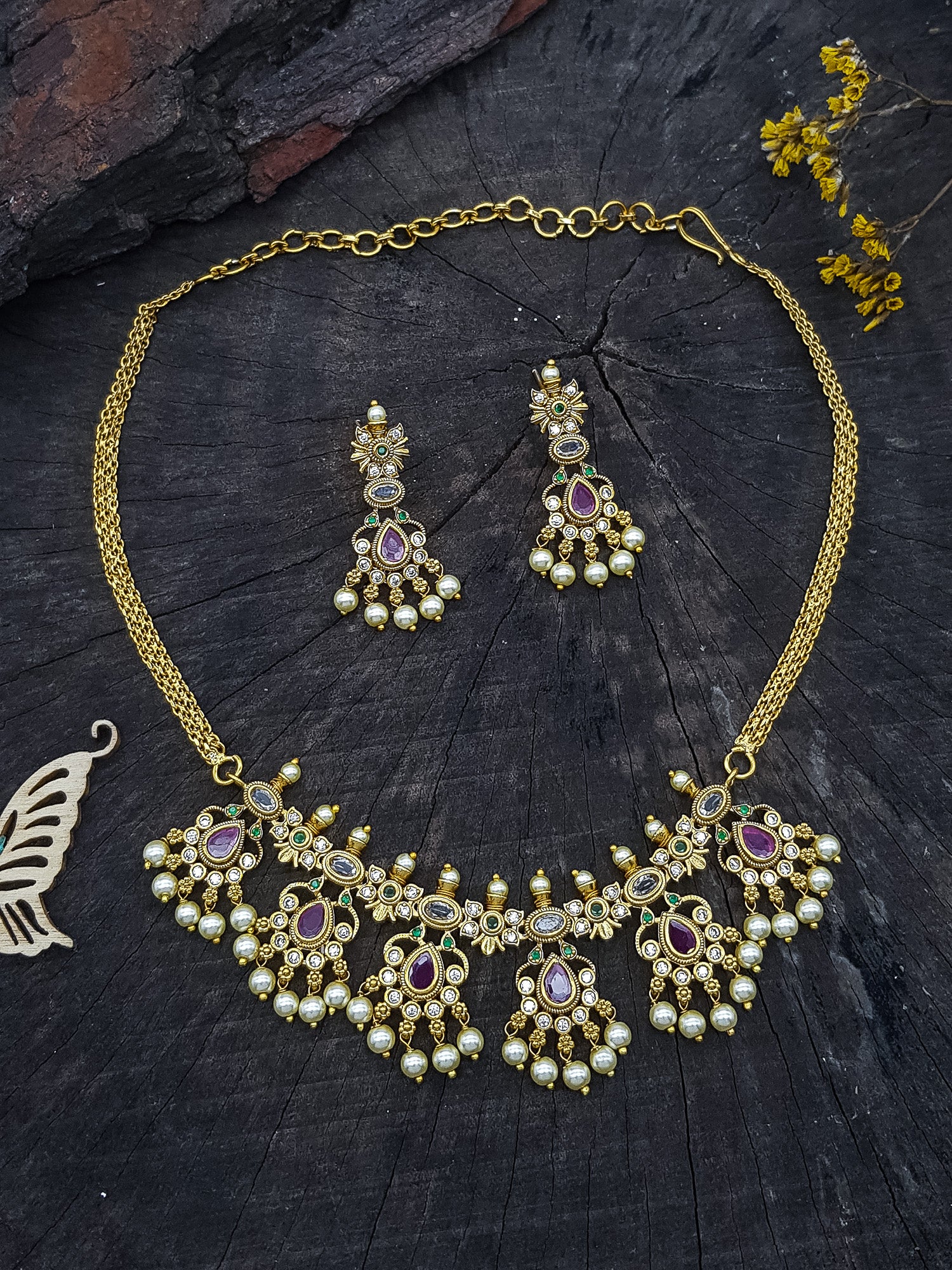 Premium Gold pLated Multi Colour CZ Necklace Set  0825