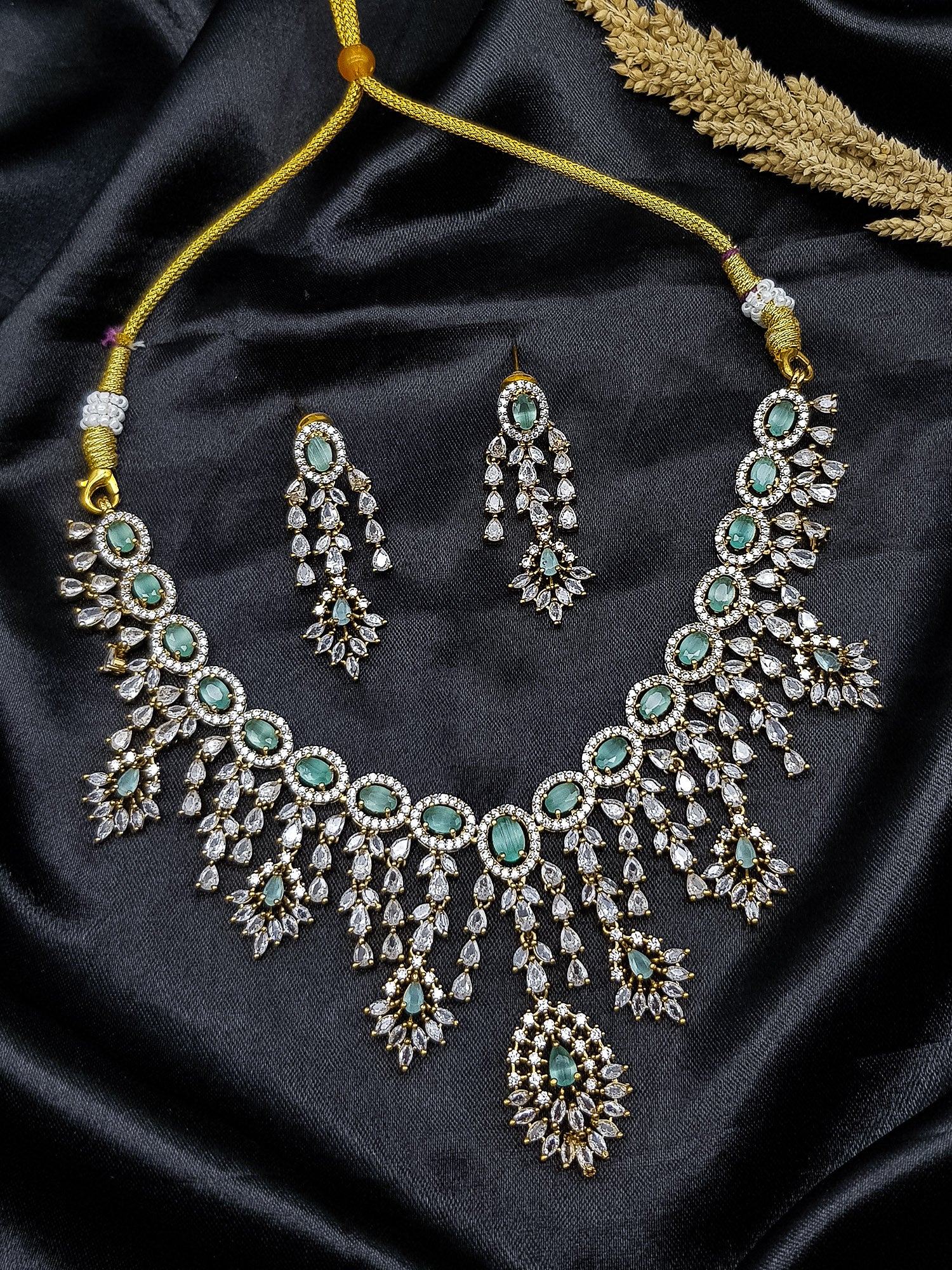 Premium Victorian Bridal Turqoise Raindrop CZ Choker Necklace Set  0825