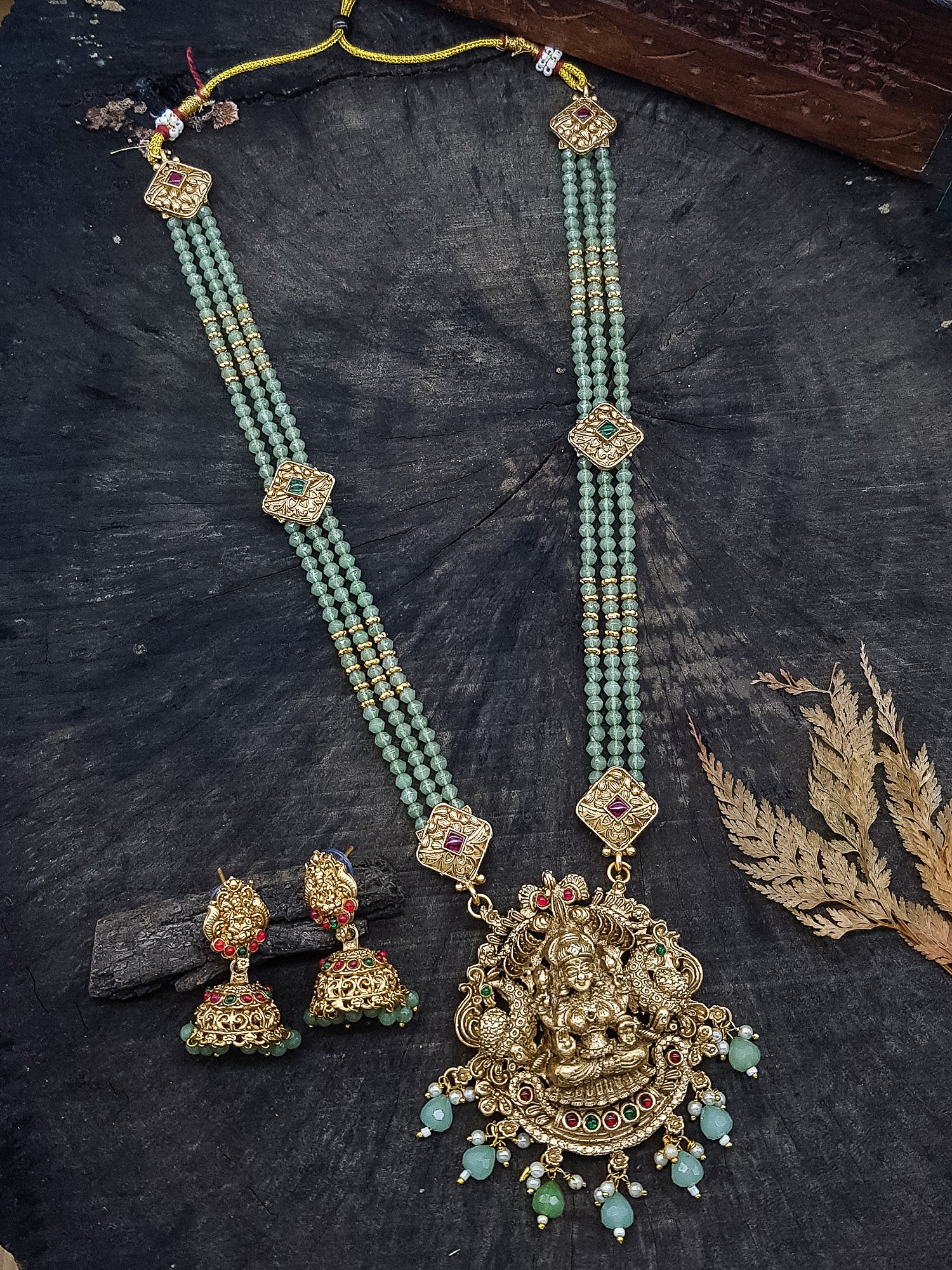 Gold Plated premium Necklace Set with Mint Green Crystal Maala