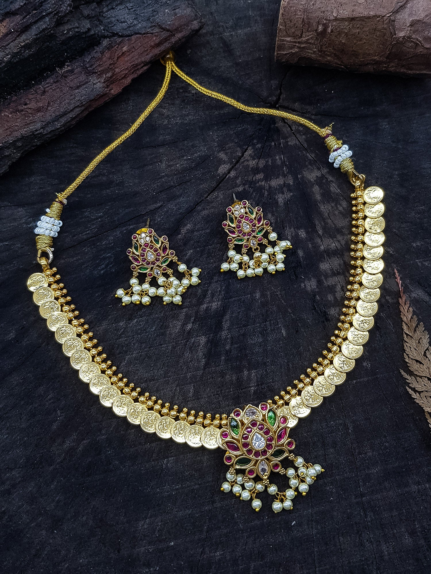 Elegant Short Coin Necklace Set with AD Stones  0825