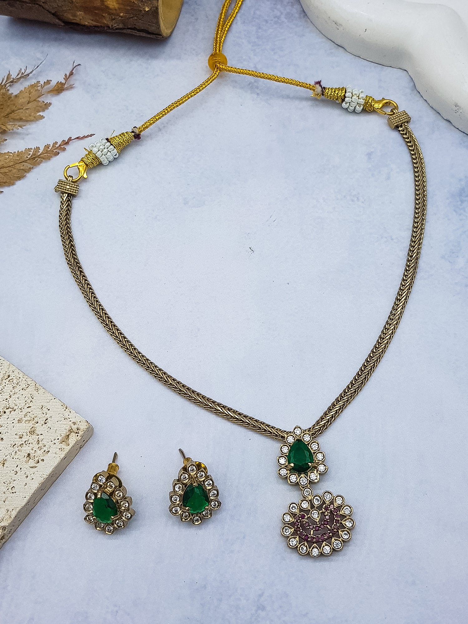 Gold Plated Classic Red/Green AD NEcklace Set