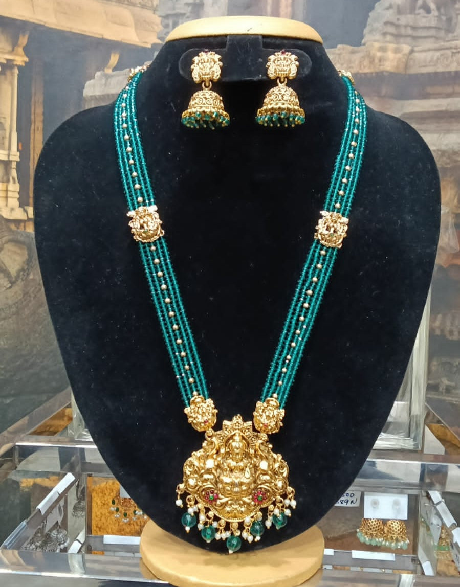 Gold Plated premium Necklace Set with green crystal Maala