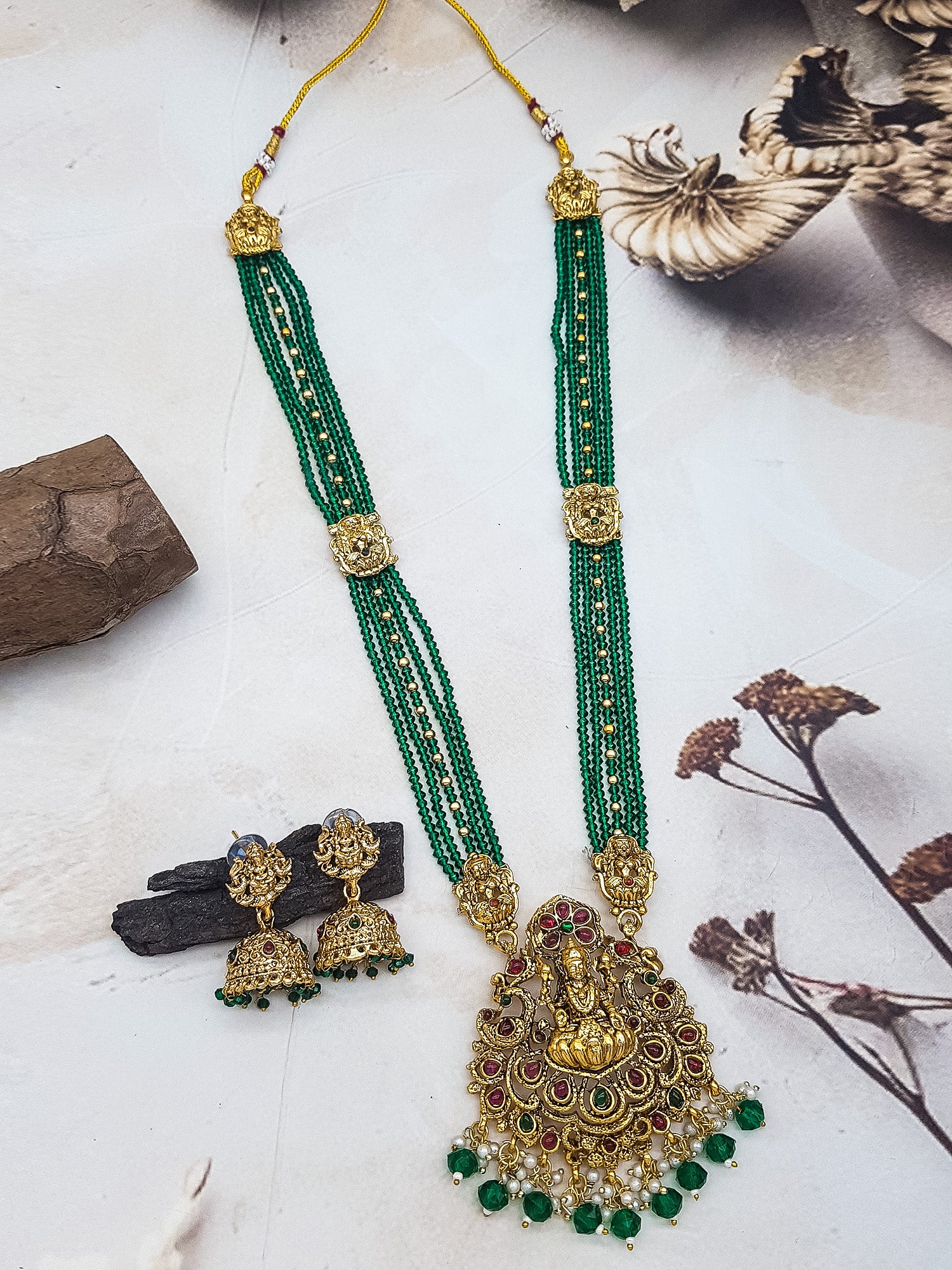Gold Plated premium Necklace Set with green crystal Maala