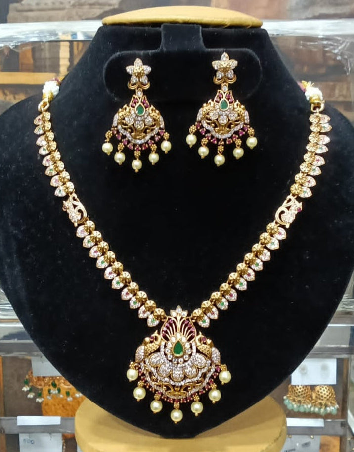 Premium Gold plated Medium Necklace Set with cz zercon stones