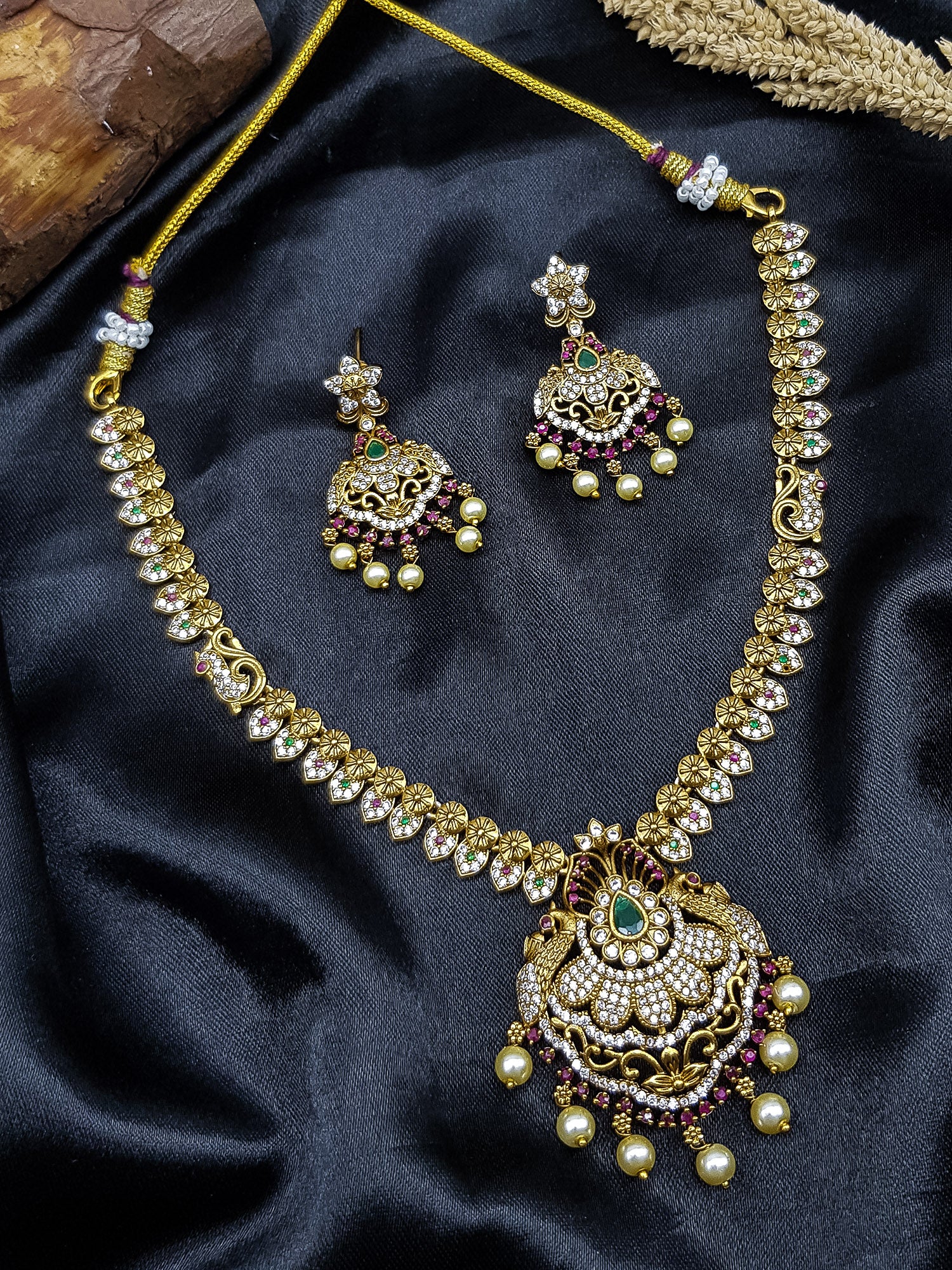 Premium Gold plated Medium Necklace Set with cz zercon stones