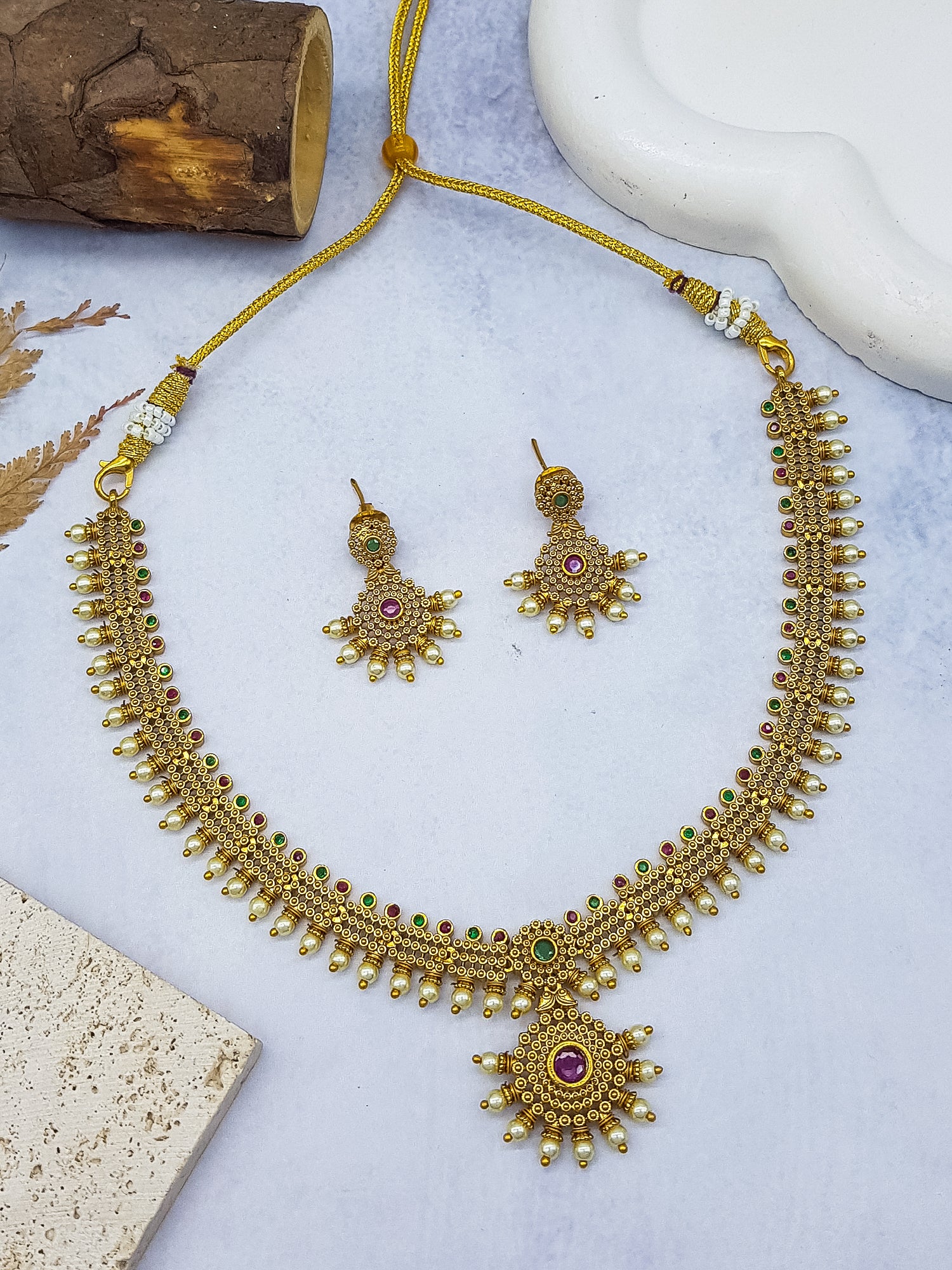 Gold Plated Classic Red/Green AD NEcklace Set