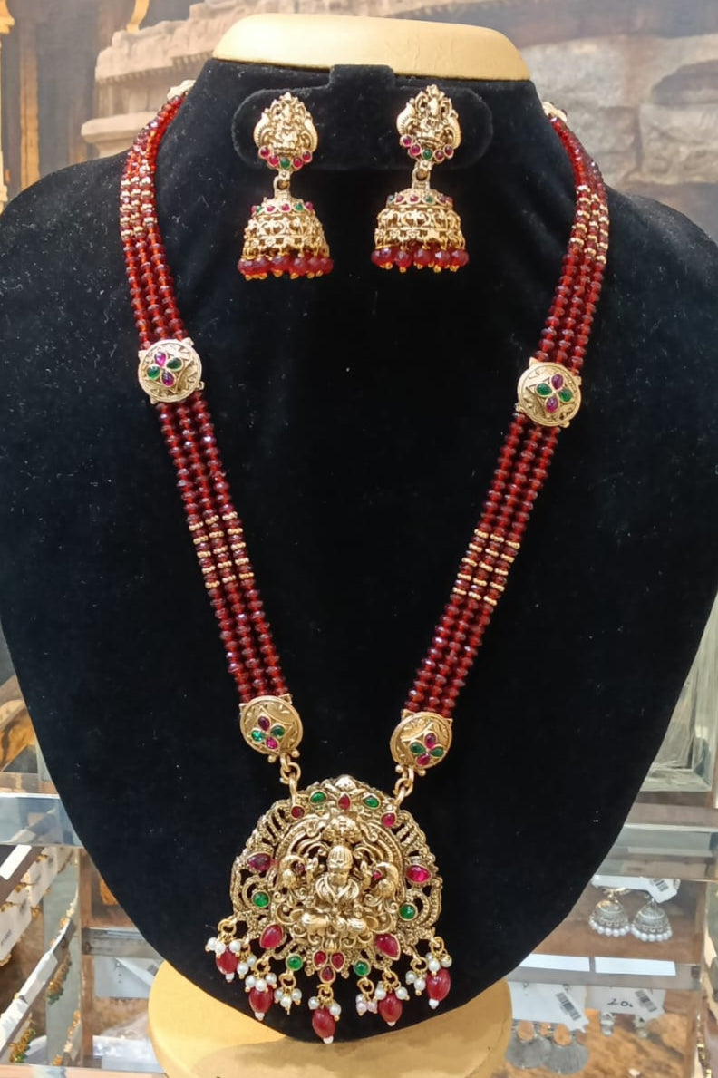 Gold Plated premium Necklace Set with Maroon Crystal Maala