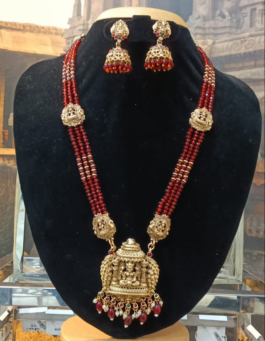 Gold Plated premium Necklace Set with Maroon Crystal Maala