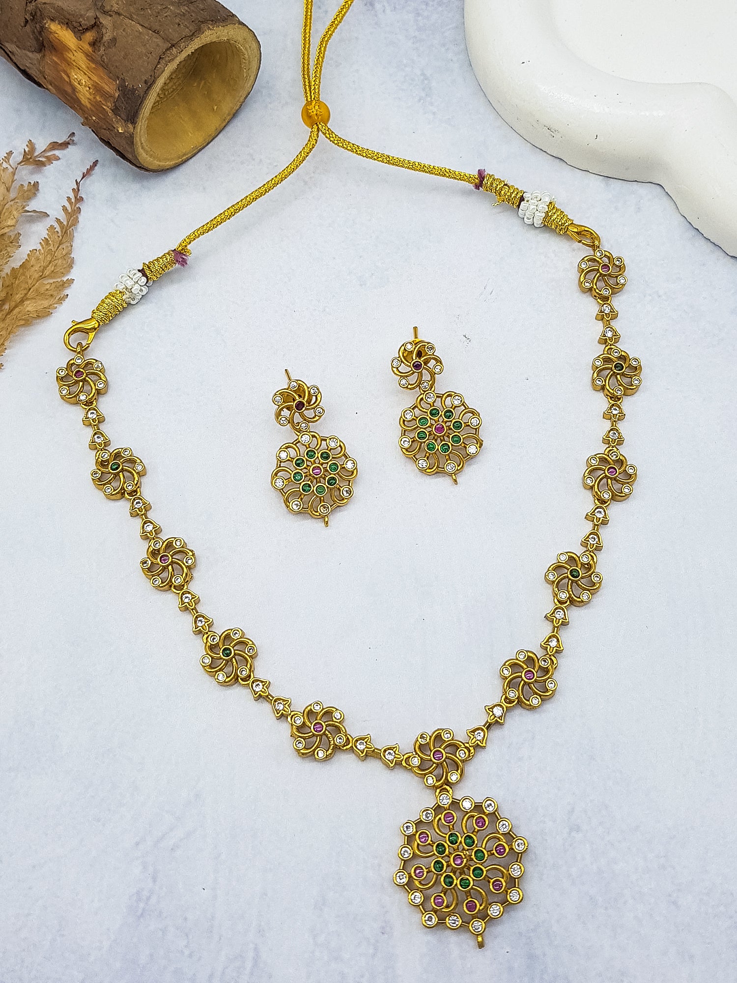 Gold Plated Classic Red/Green AD NEcklace Set