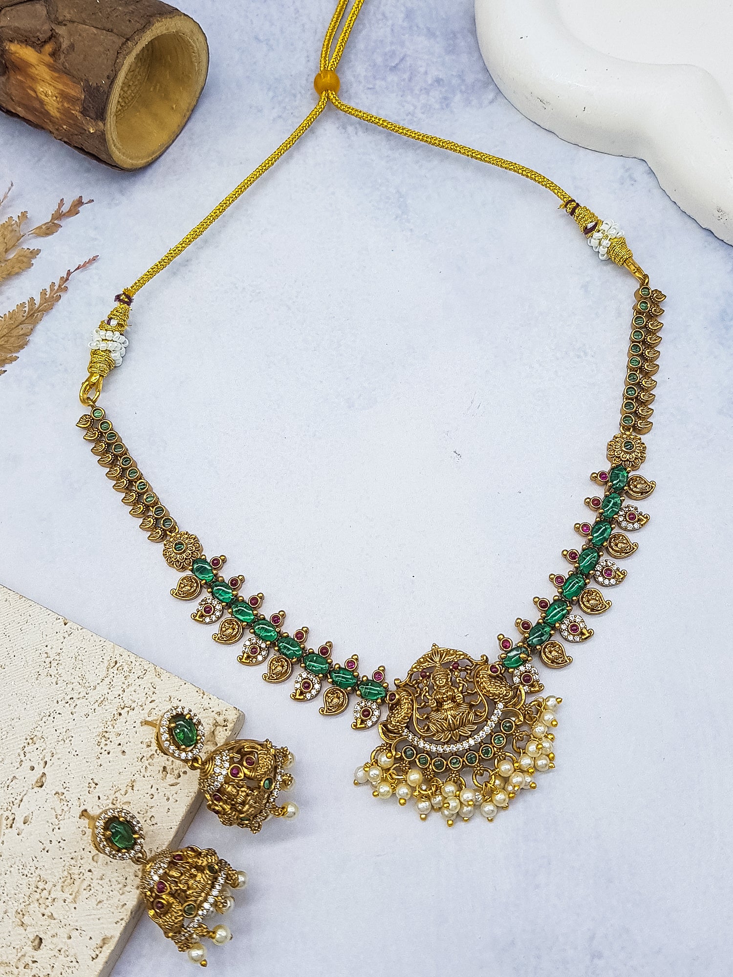 Gold Plated Classic Red/Green AD NEcklace Set