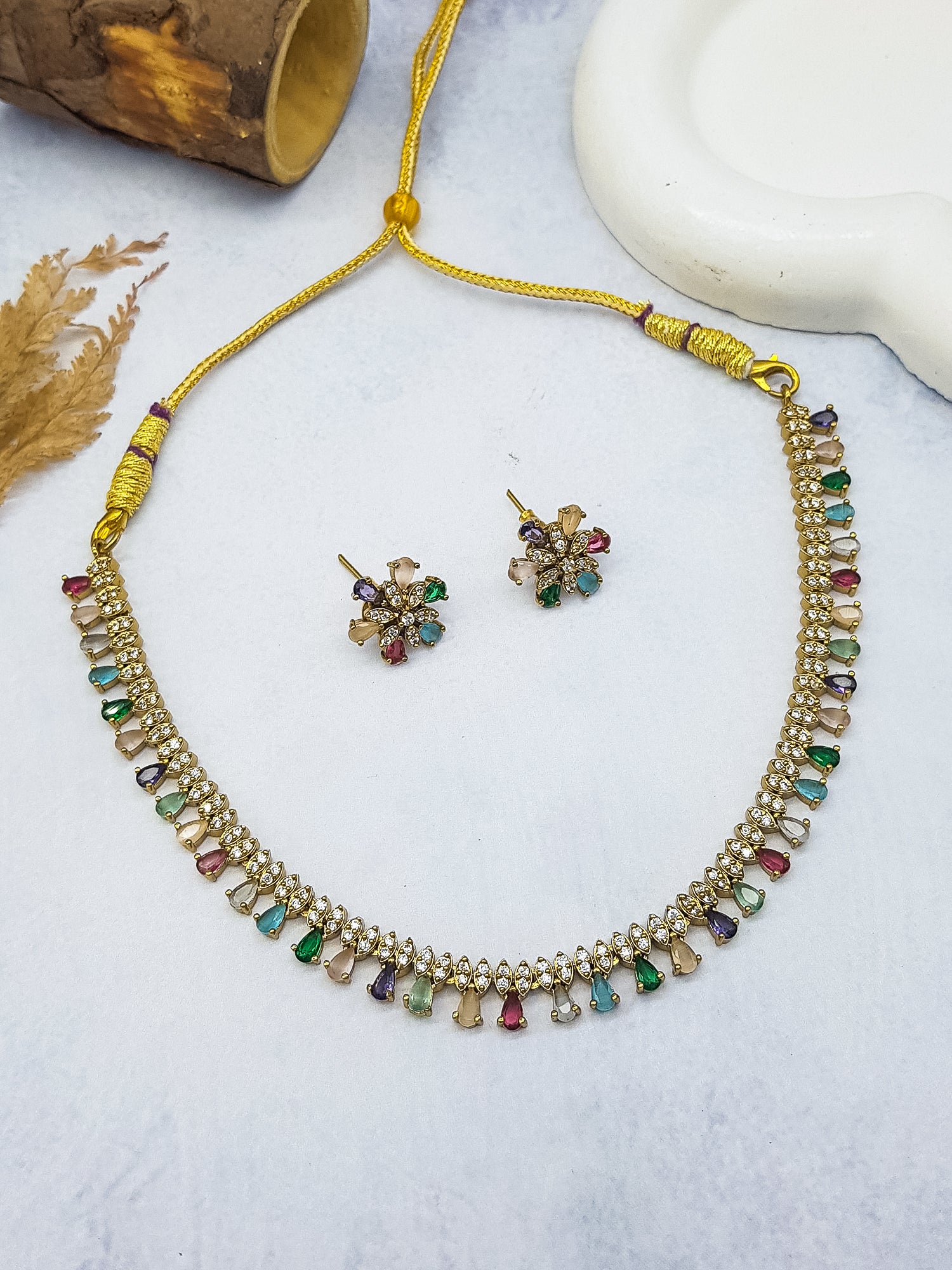 Gold Plated Classic Red/Green AD NEcklace Set