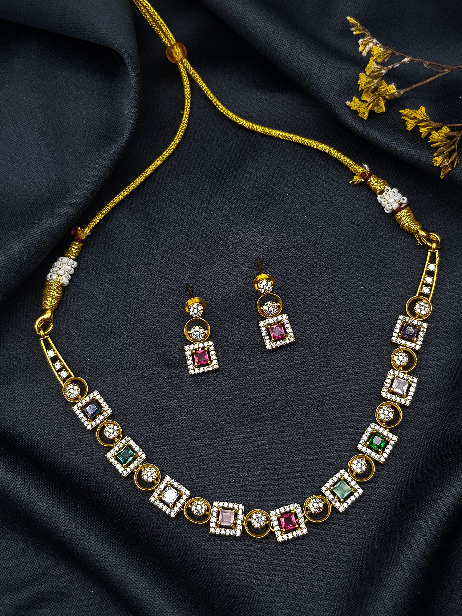 Navratna color cz zercon stone short necklace set