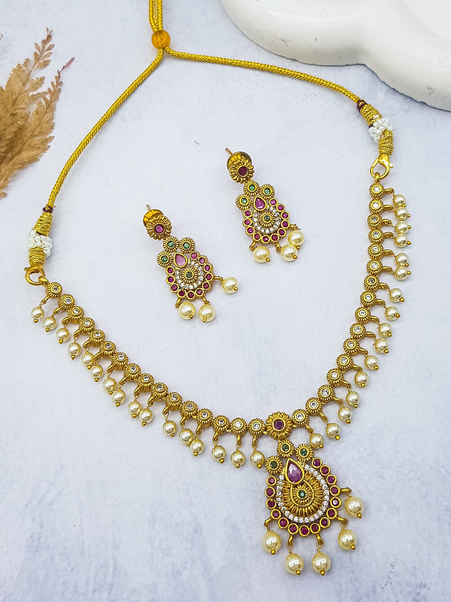 Gold Plated Classic Red/Green AD NEcklace Set