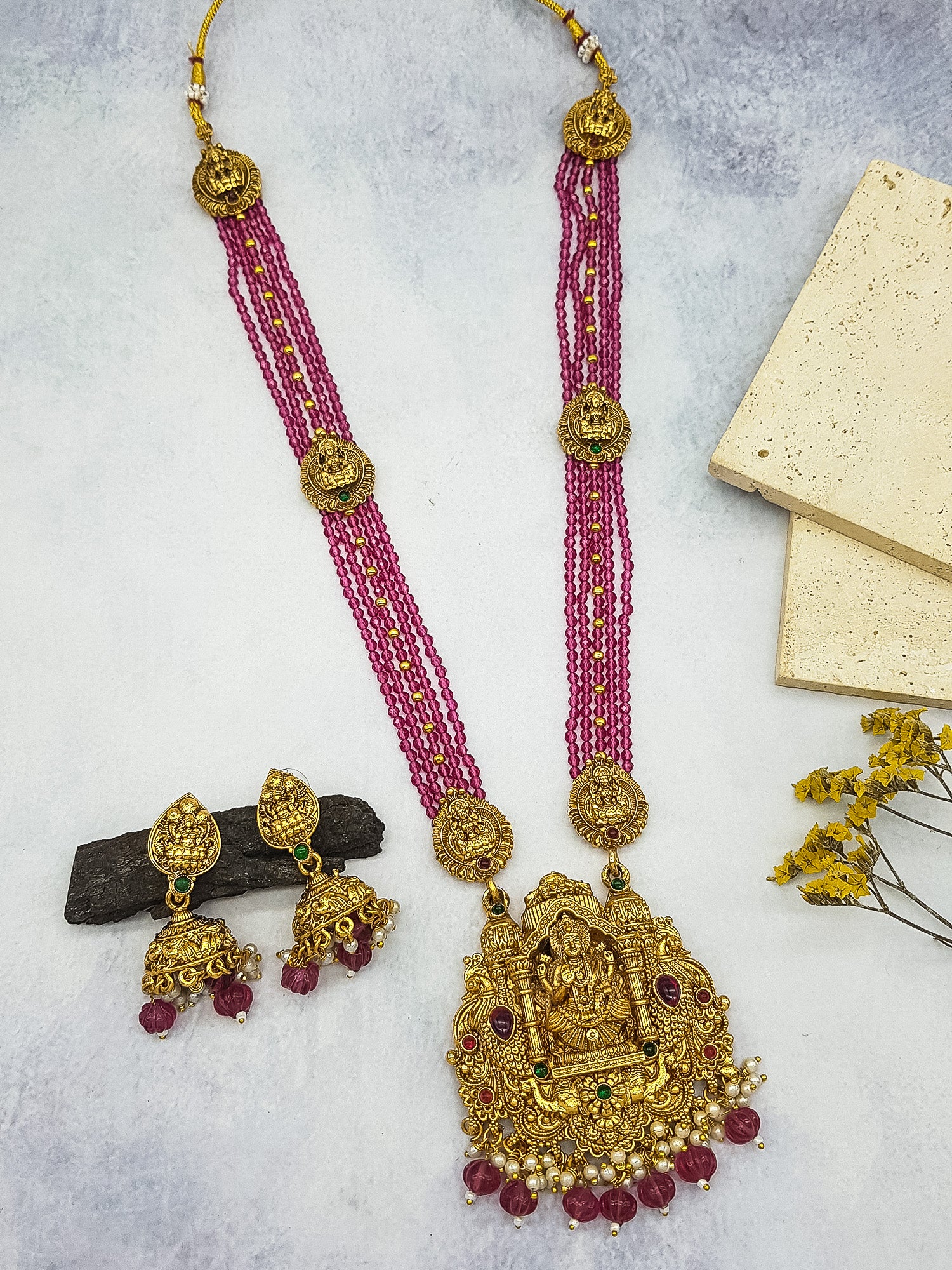 Gold Plated premium Necklace Set with Maroon crystal Maala