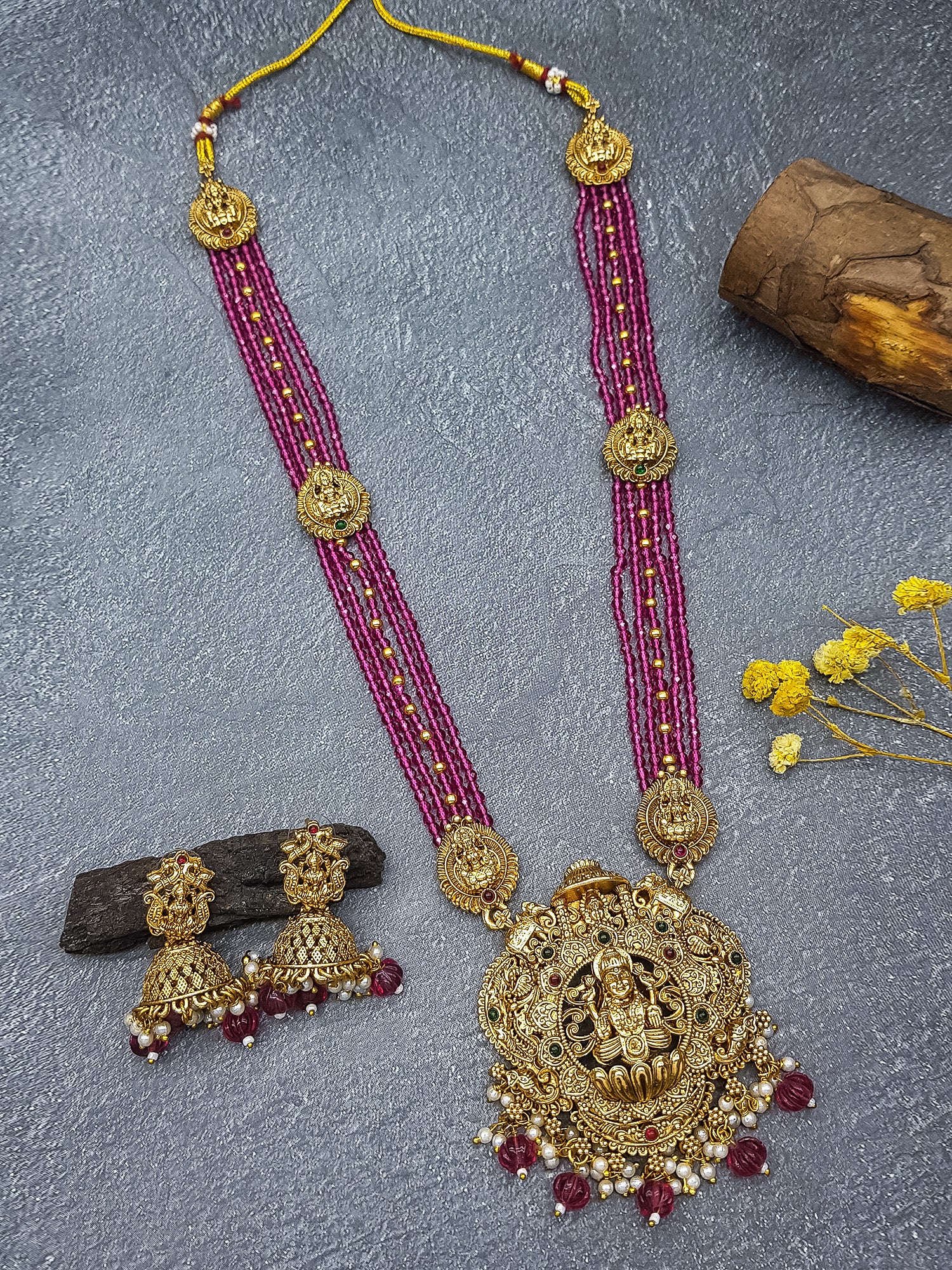 Gold Plated premium Necklace Set with Maroon crystal Maala