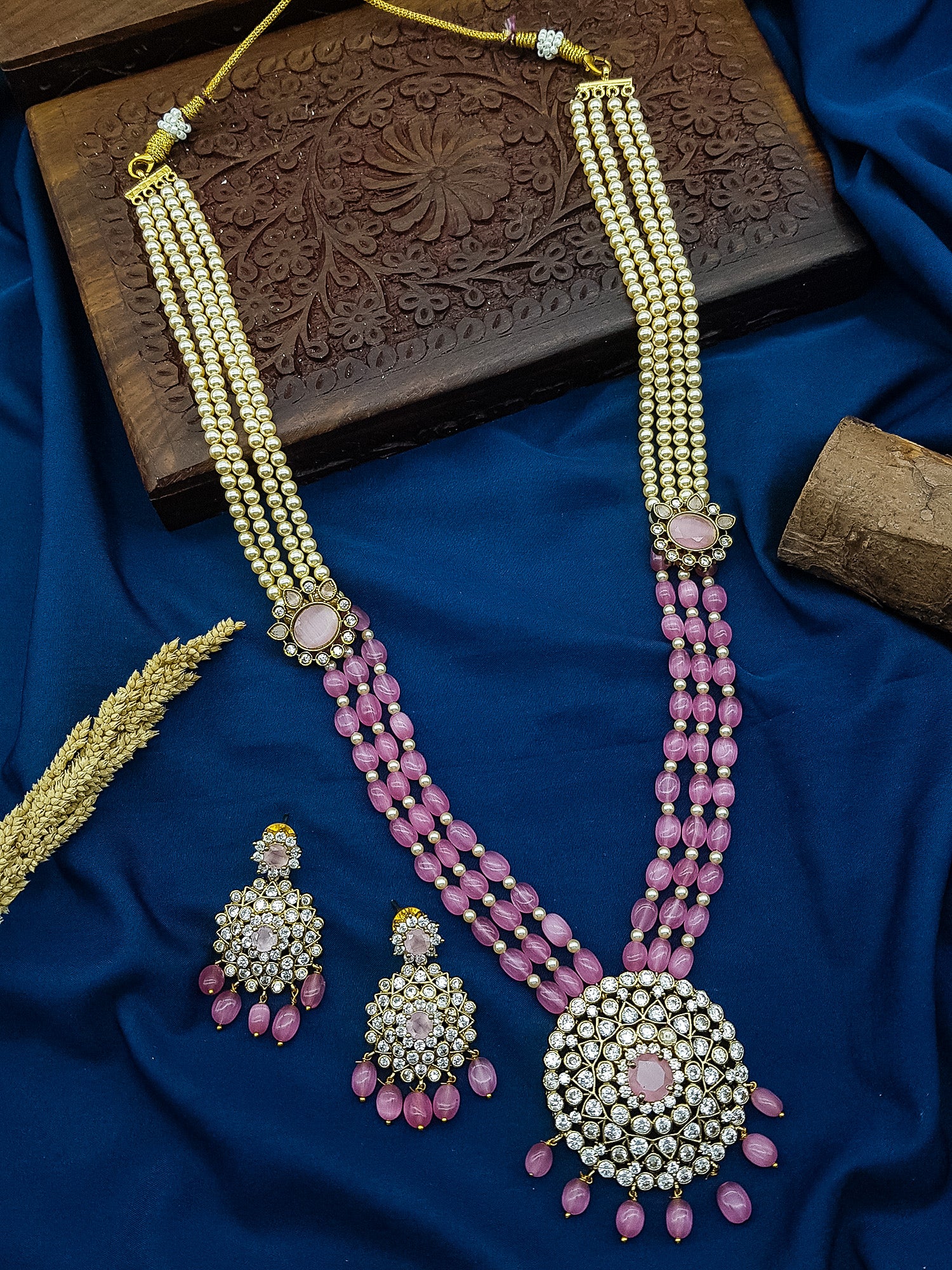 24 inches Long real Crystal/Mani Necklace set Multilayer with Hyderabadi pearls