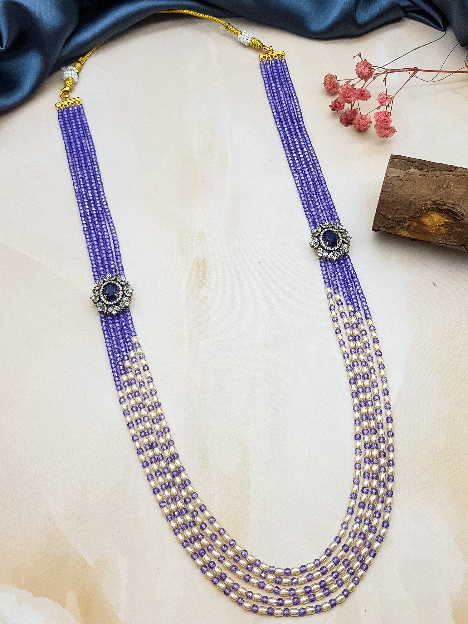 24 inches Long real Purple Crystal/Mani Necklace set Multilayer with Hyderabadi pearls