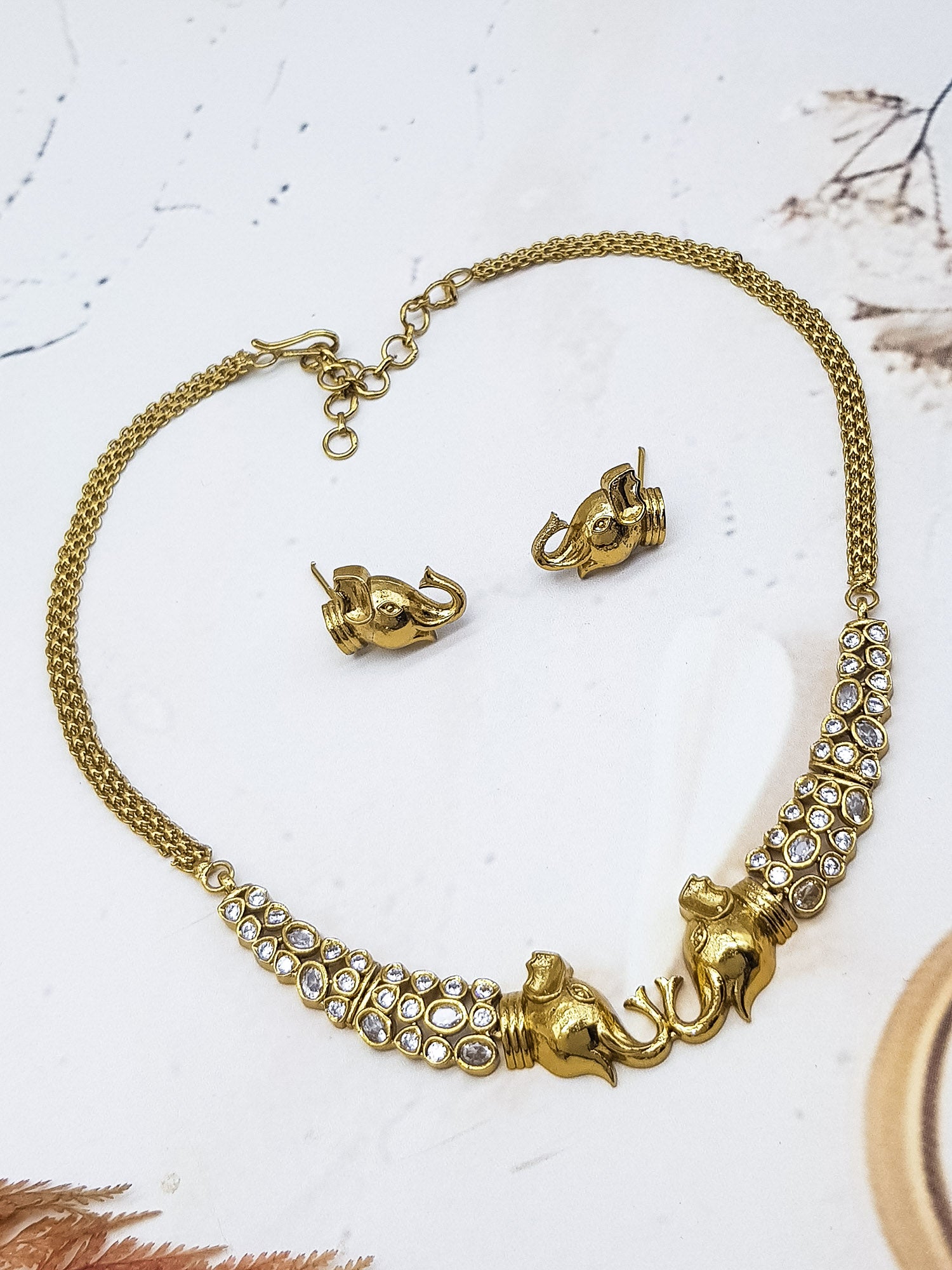 Premium Cz White Colour/Multicolor Elephant Short necklace Set