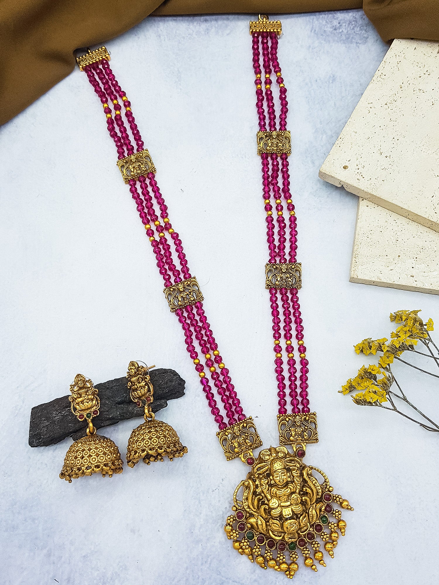 Gold Plated premium Necklace Set with Maroon Crystal Maala