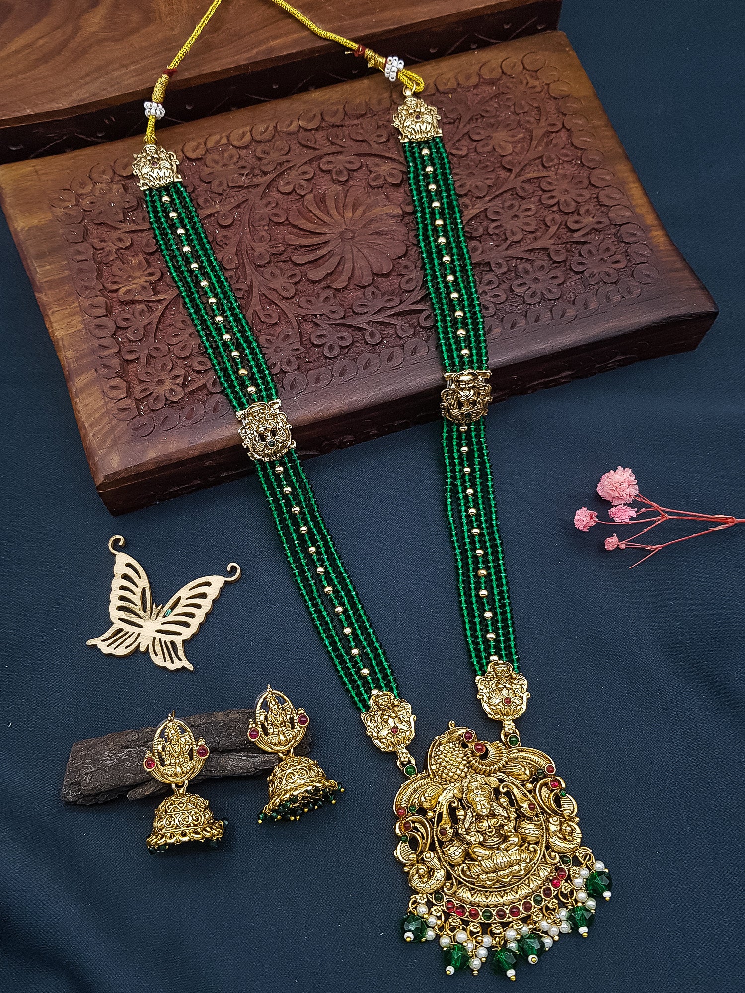 Gold Plated premium Necklace Set with green crystal Maala