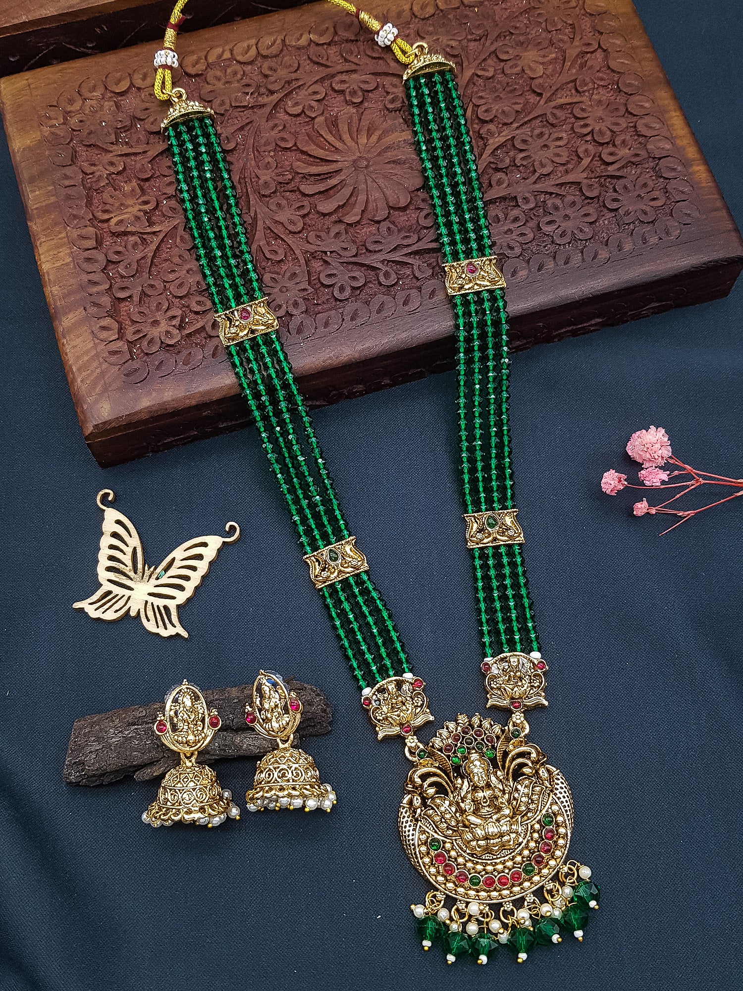 Gold Plated Premium Necklace Set with Green Crystal  0825Maala