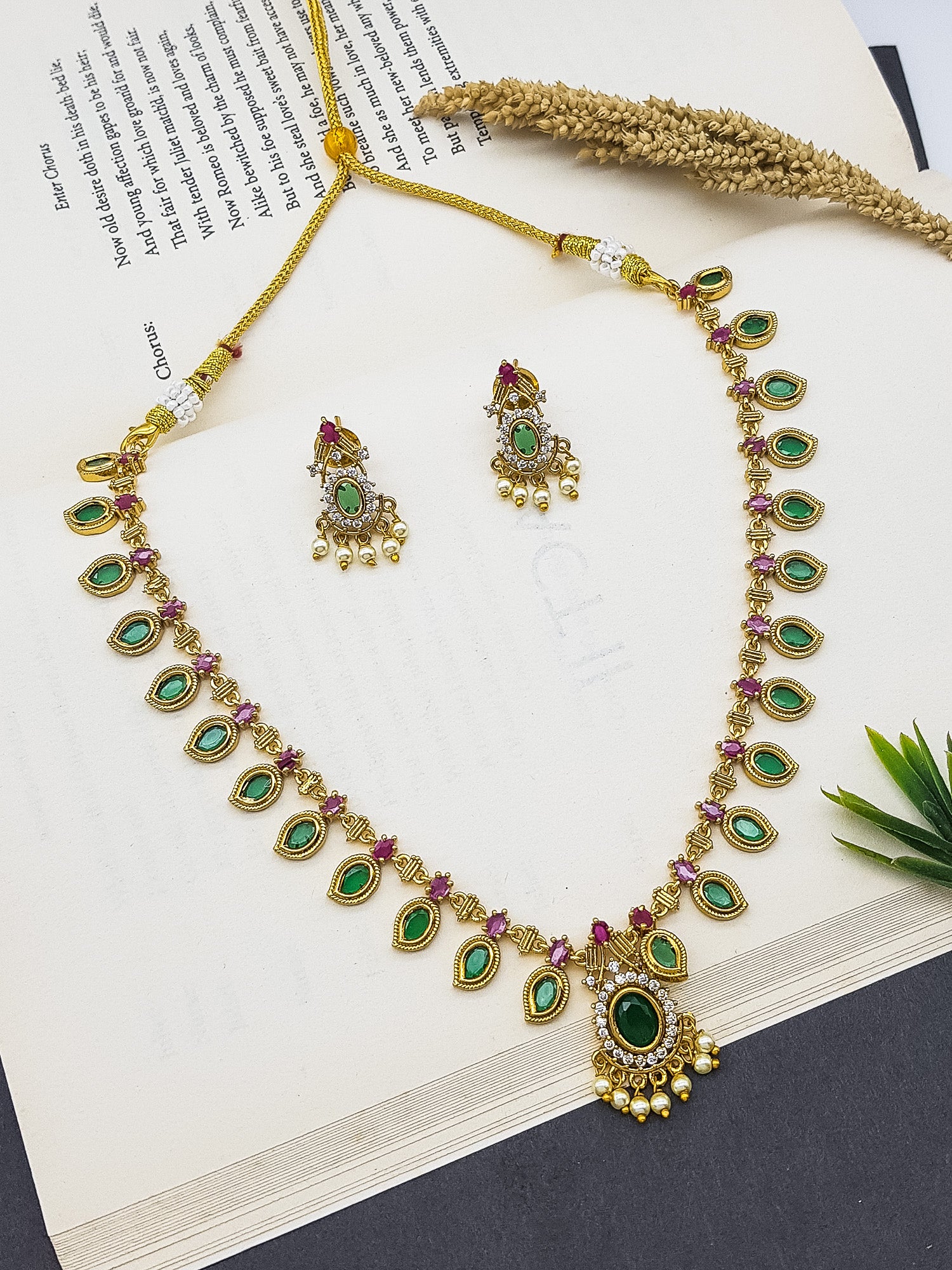 Premium Gold Plated Palaka Design CZ Necklace Set  0825