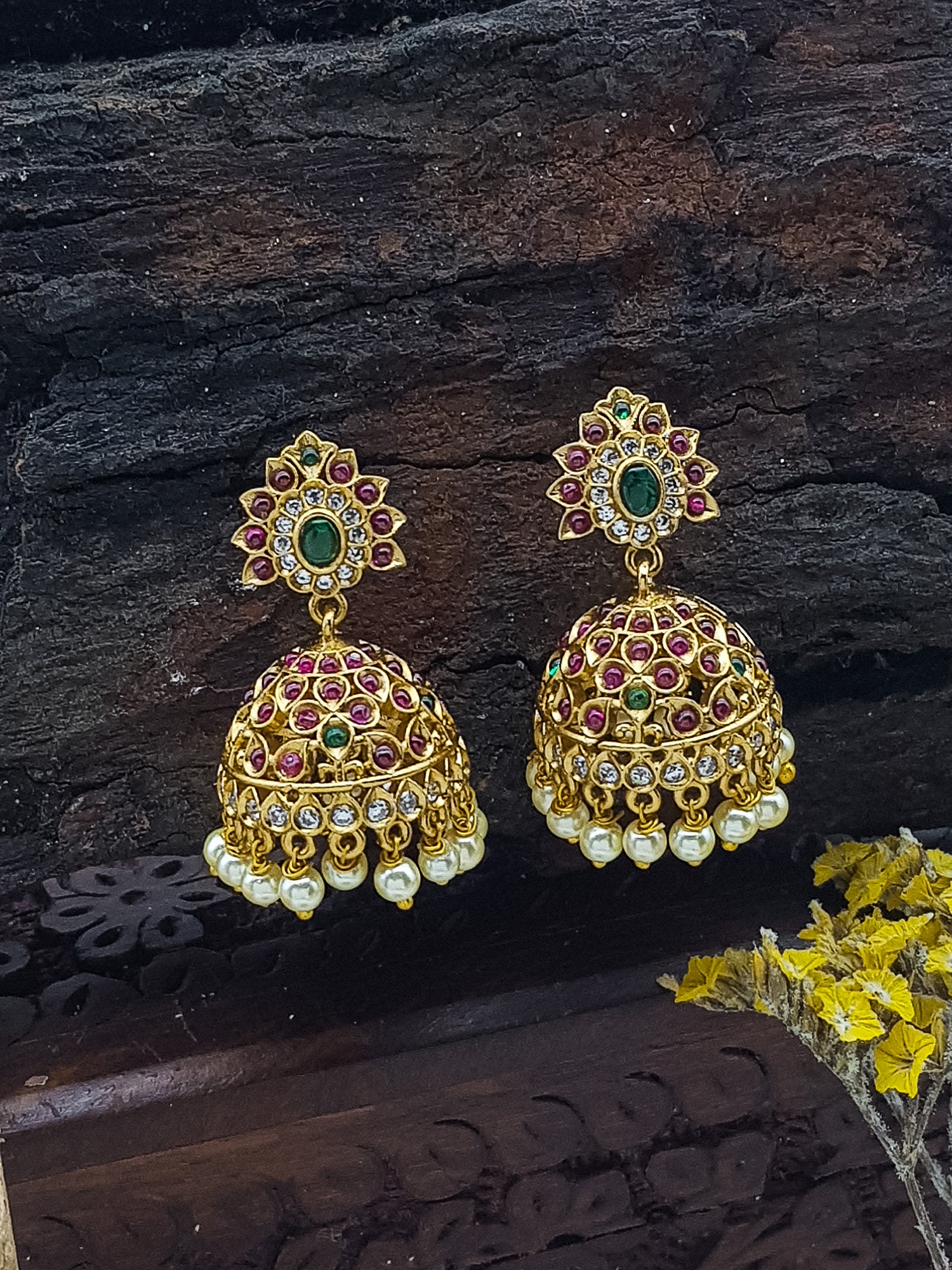 Premium gold plated Real Kempu stone dangler/Jhumki/Earring