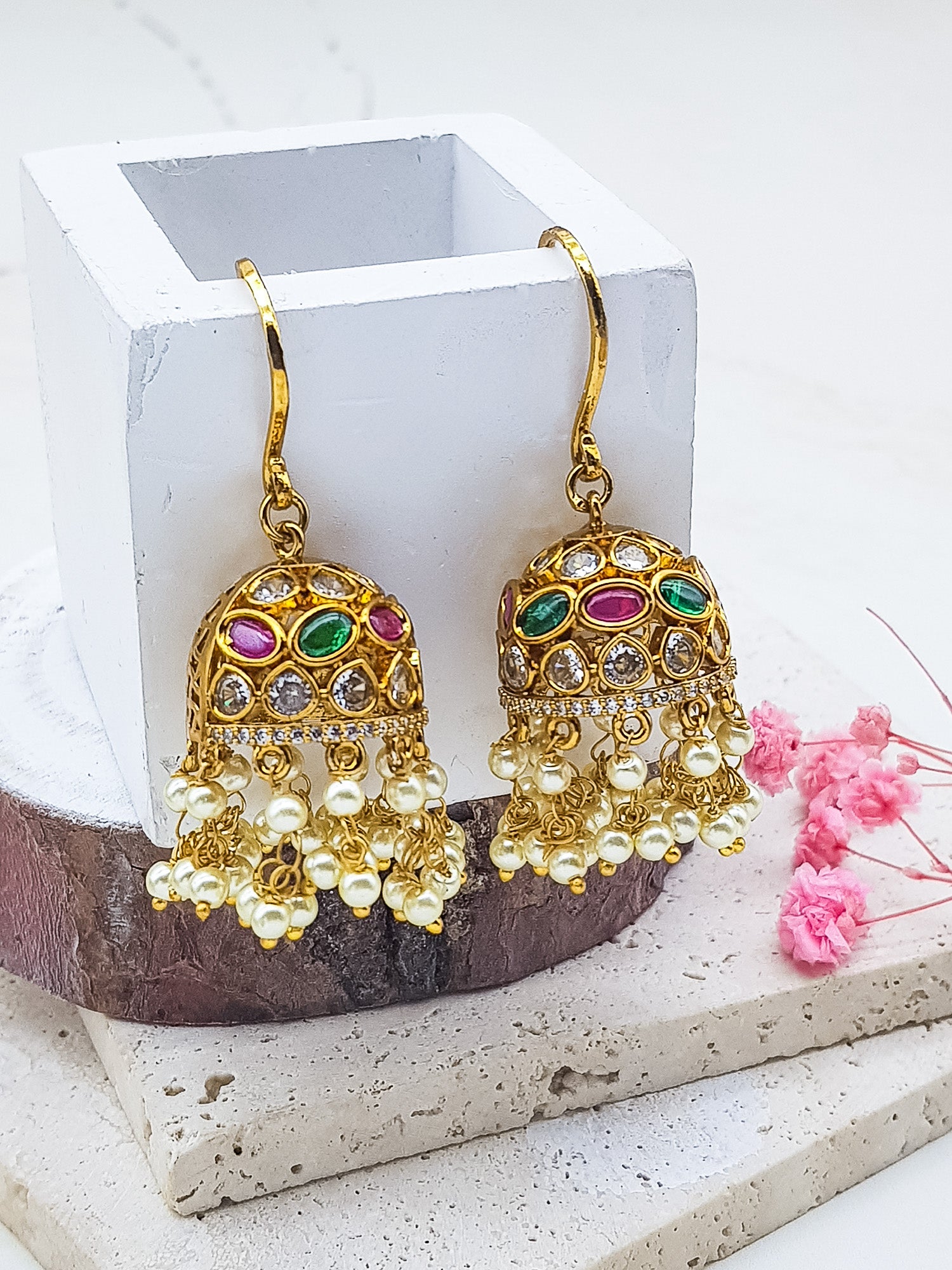Premium gold plated Real zercon stone dangler/Jhumki/Earring