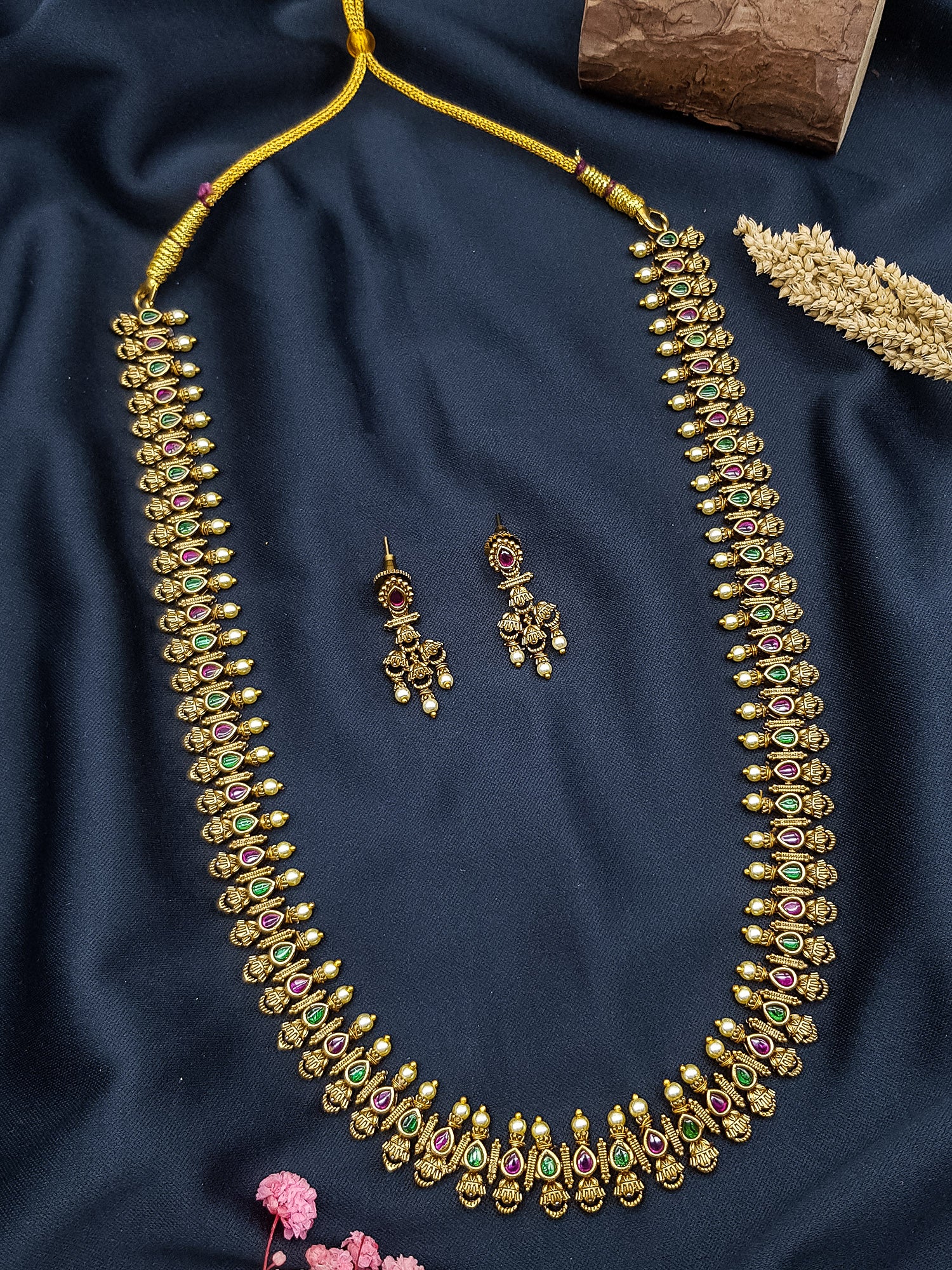 Premium Long antique Real kempu multicolor stones Necklace Set