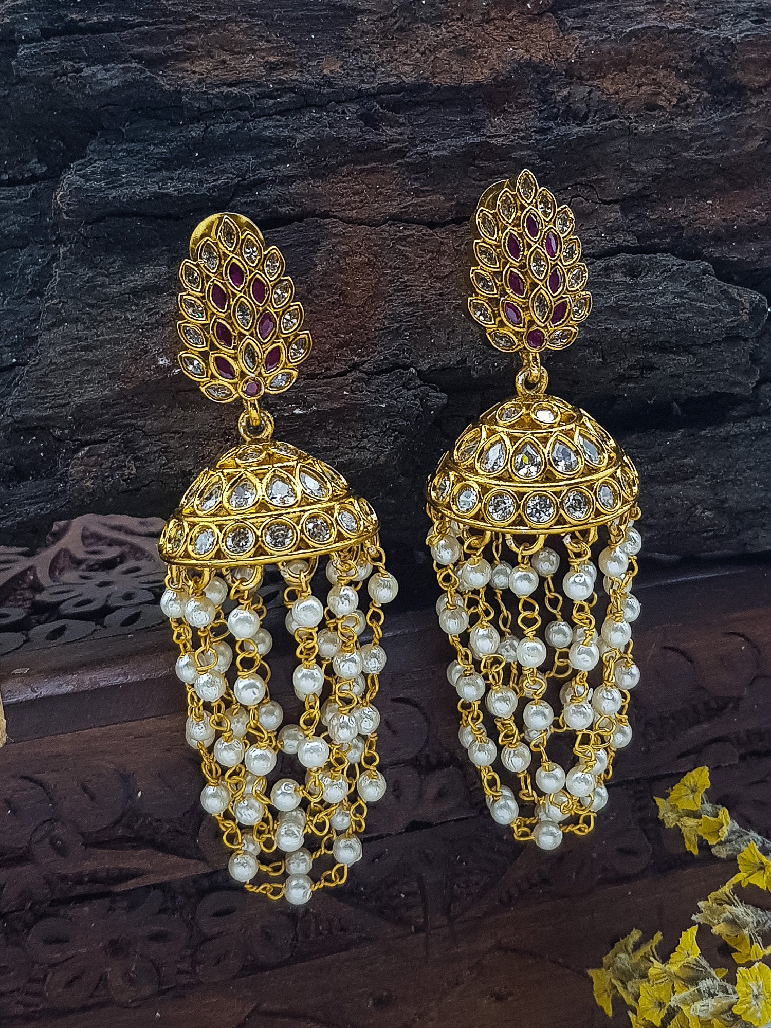 Premium gold plated Real zercon stone with pearl hangings dangler/Jhumki/Earring