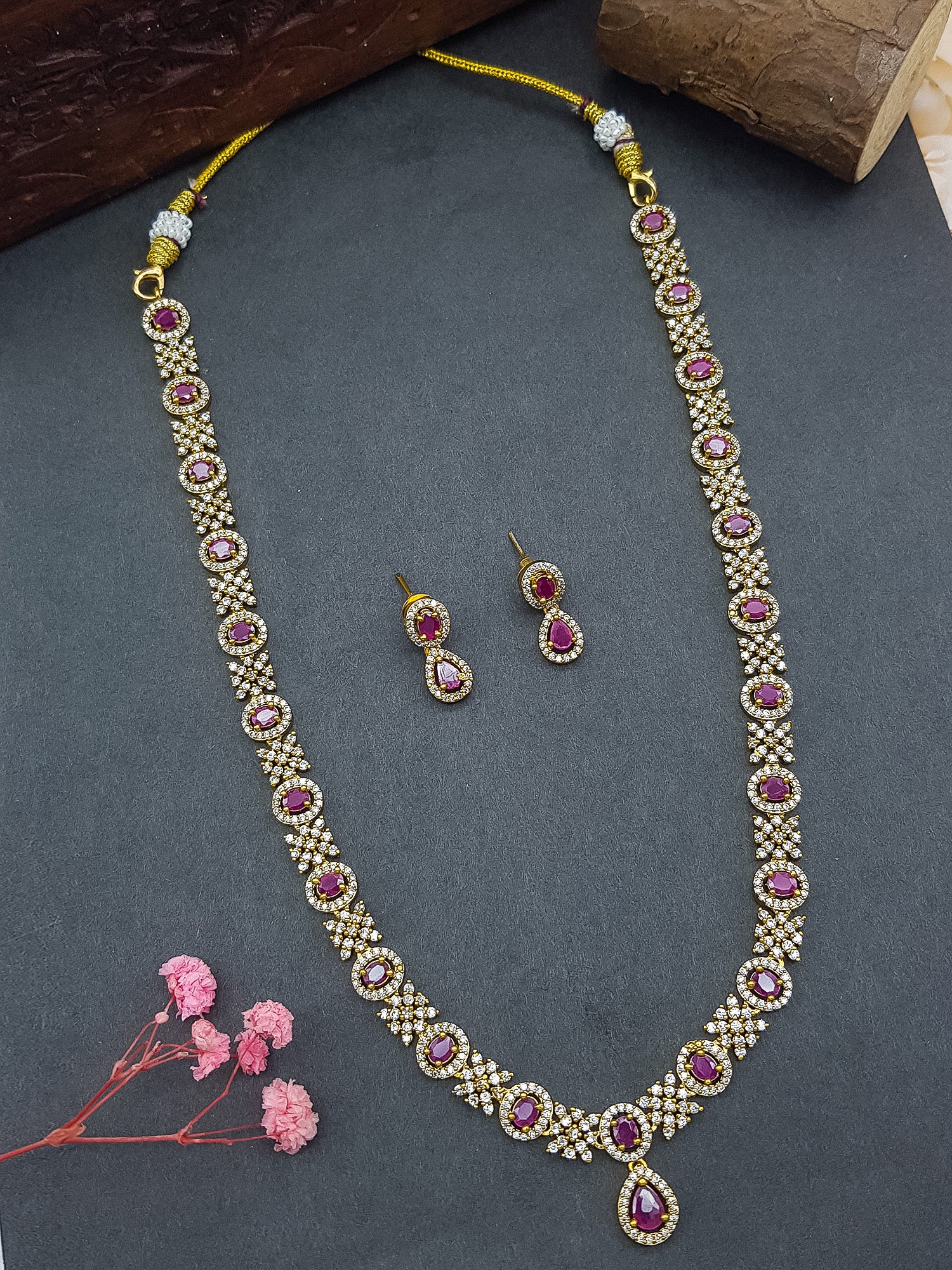 Premium Gold Plated 21 inches Green White Long CZ Nekclace Set  0825