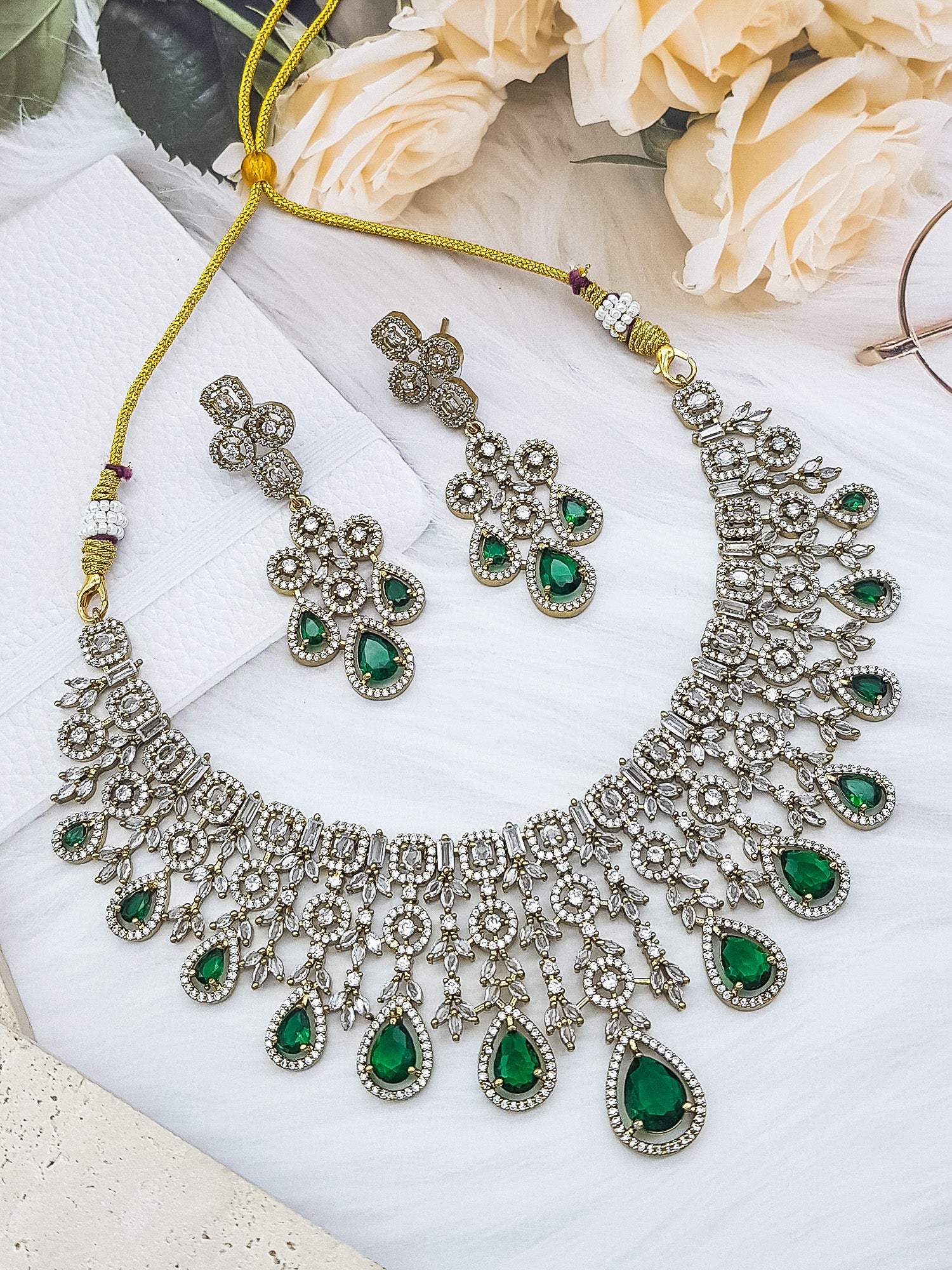 Gold Plated Green White CZ Choker Set