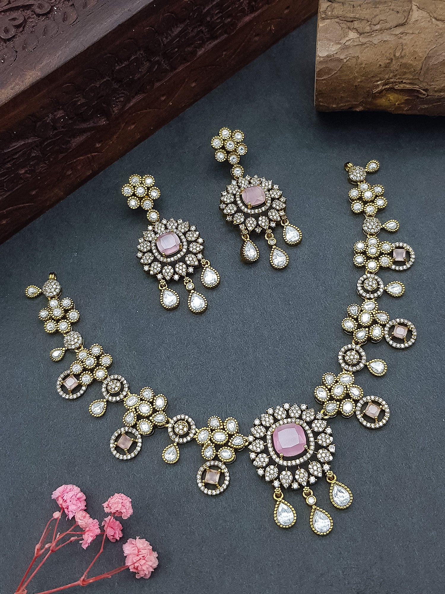 Gold Plated Pink Mozannite Like Necklace set