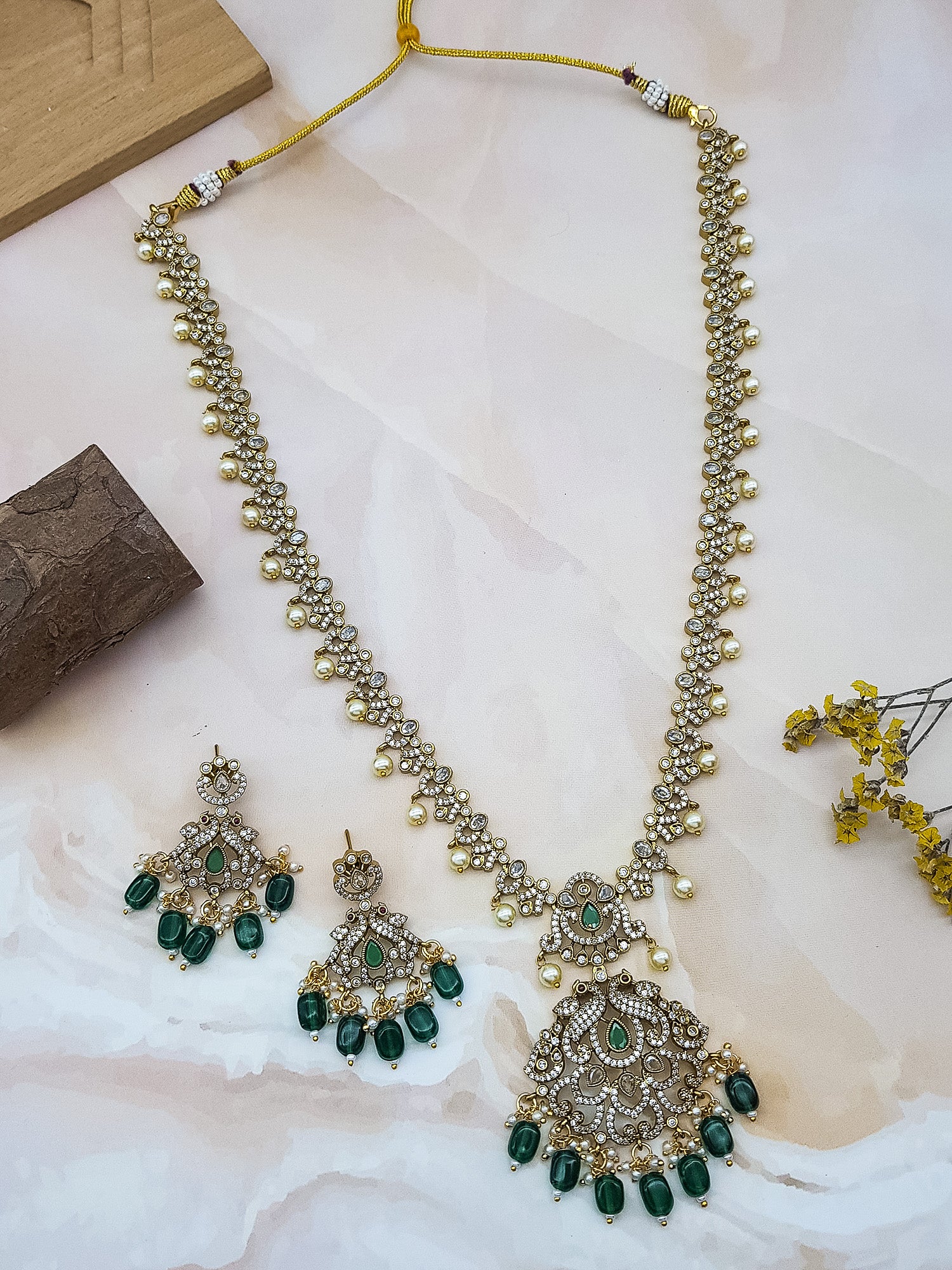 Gold Plated Long Necklace with green drops