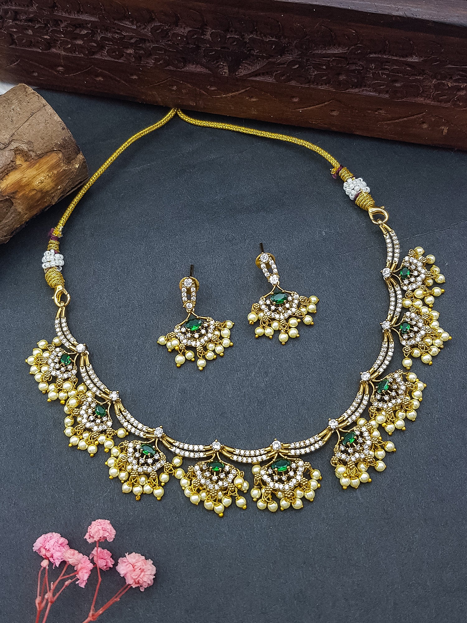 Gold Plated Green White CZ Necklace Set with pearls