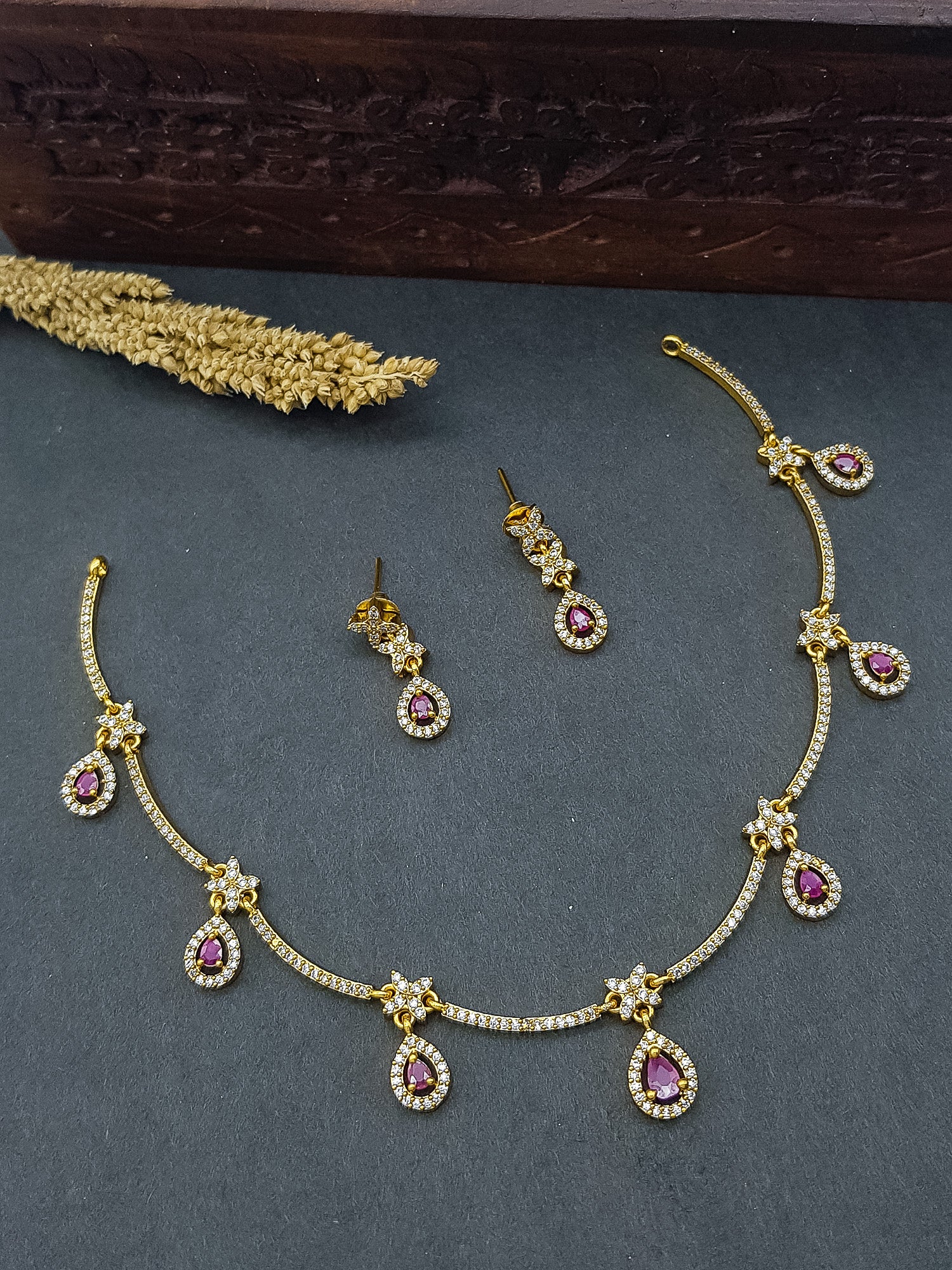 Gold Plated Red White CZ Necklace Set