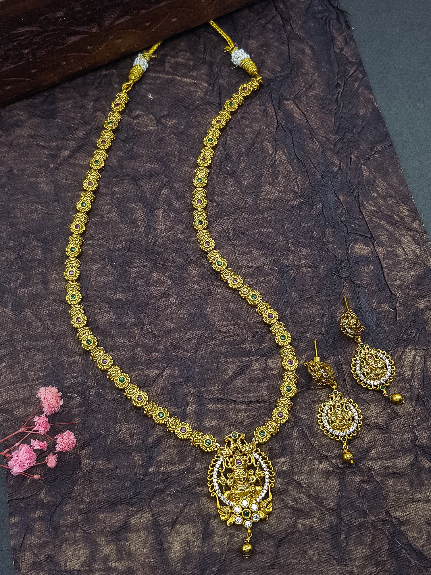 Gold Plated Long CZ Laksmi Necklace Set