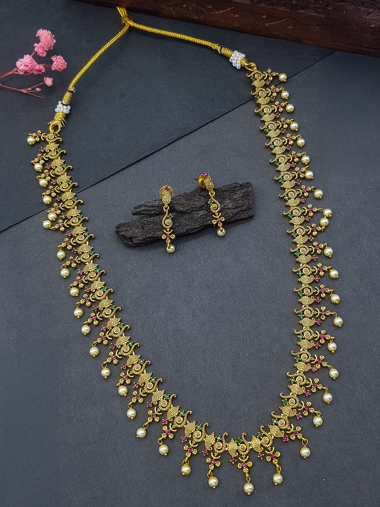 Gold plated Multicolour Long Necklace Set with pearl drop