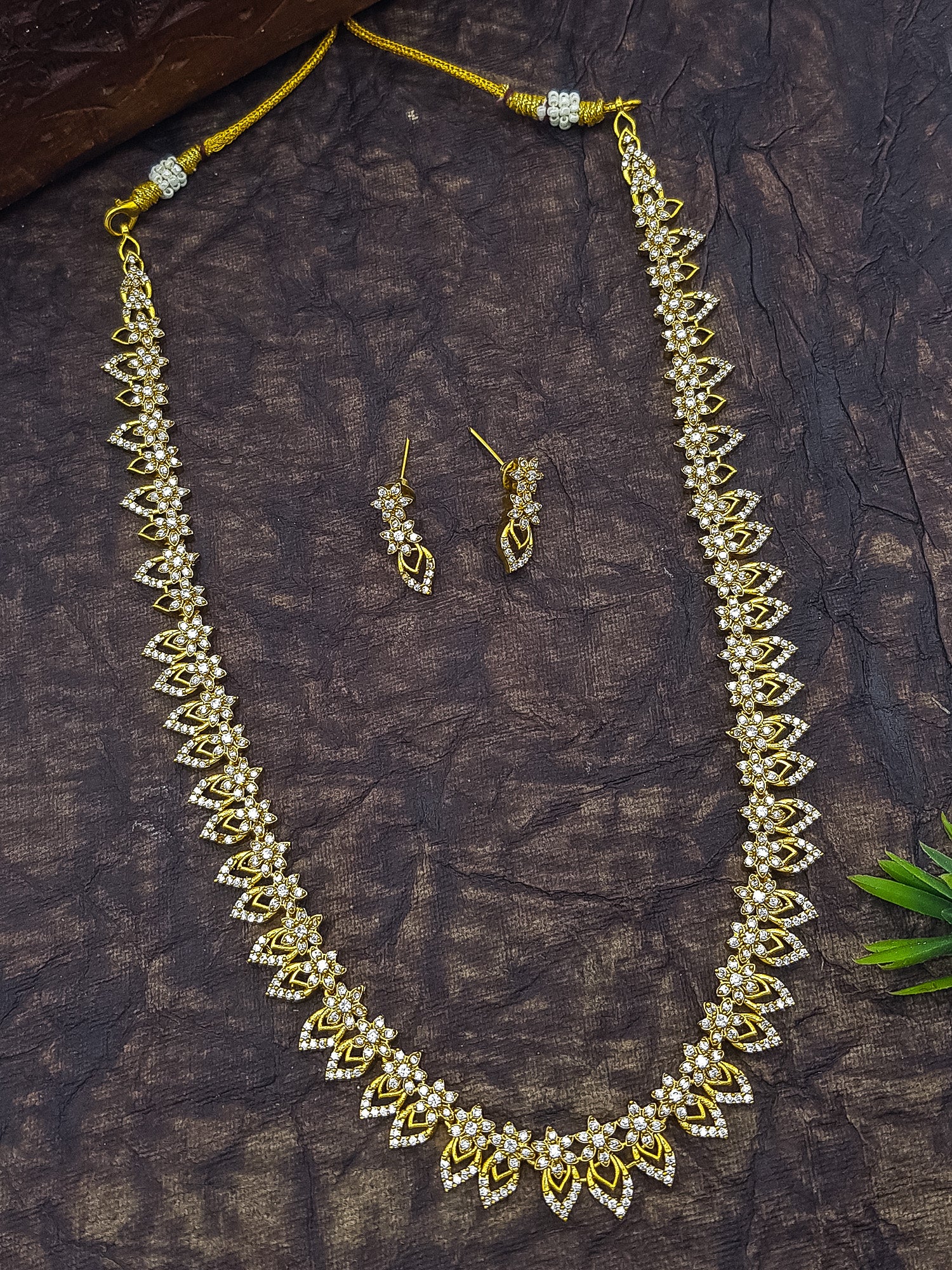 Gold Plated White CZ Long Necklace Set