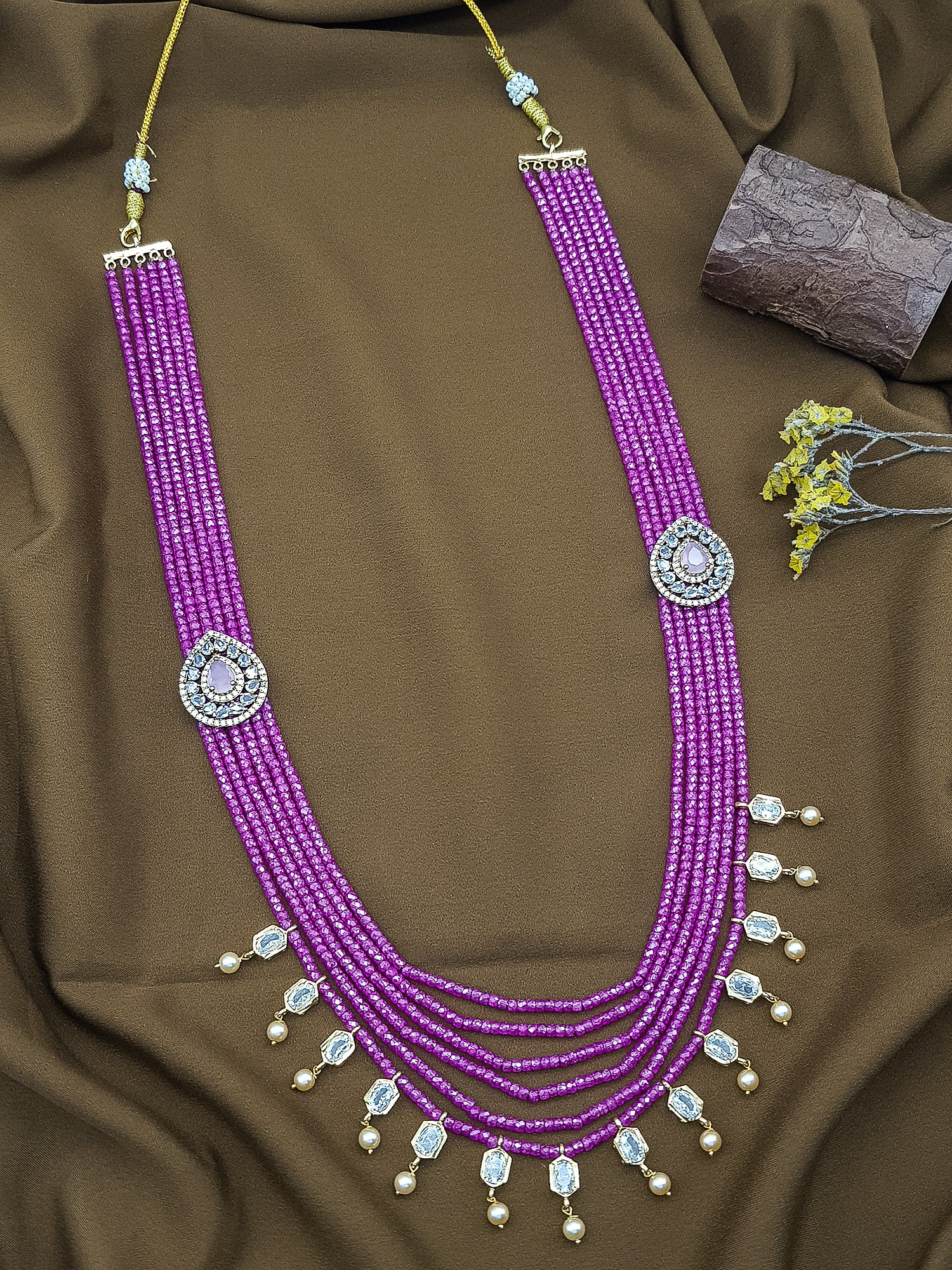 Real Purple Cz Glass crytals with 6 facets multilayer with kundan and hyderabadi pearl drops