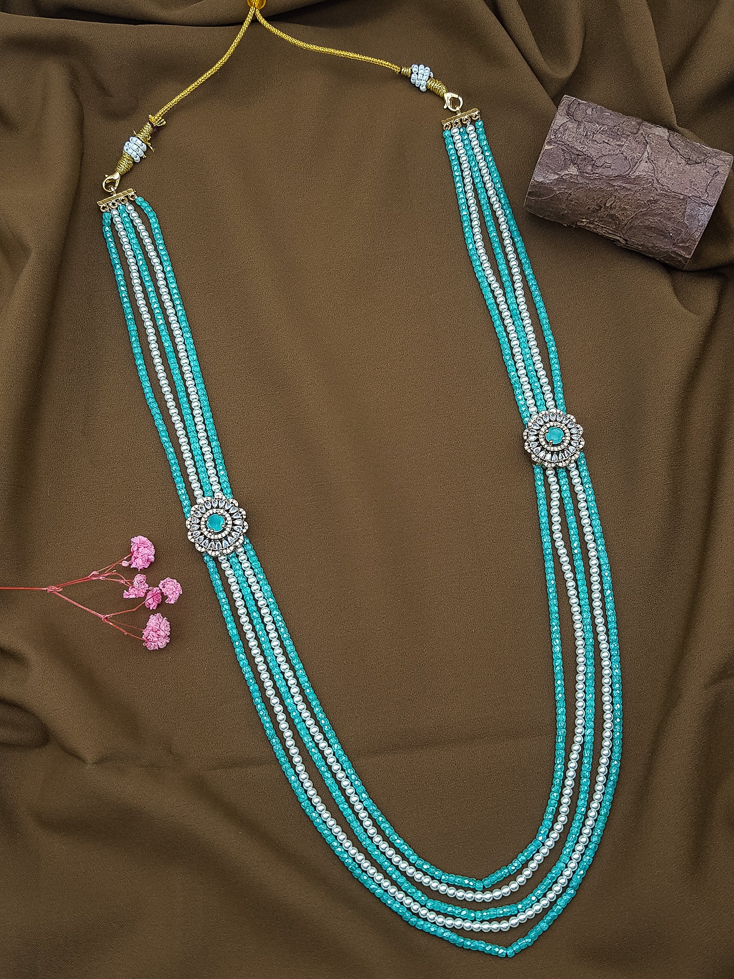 Torquoise glassReal crystals with swaroski Pearls Layed haram with Brooch